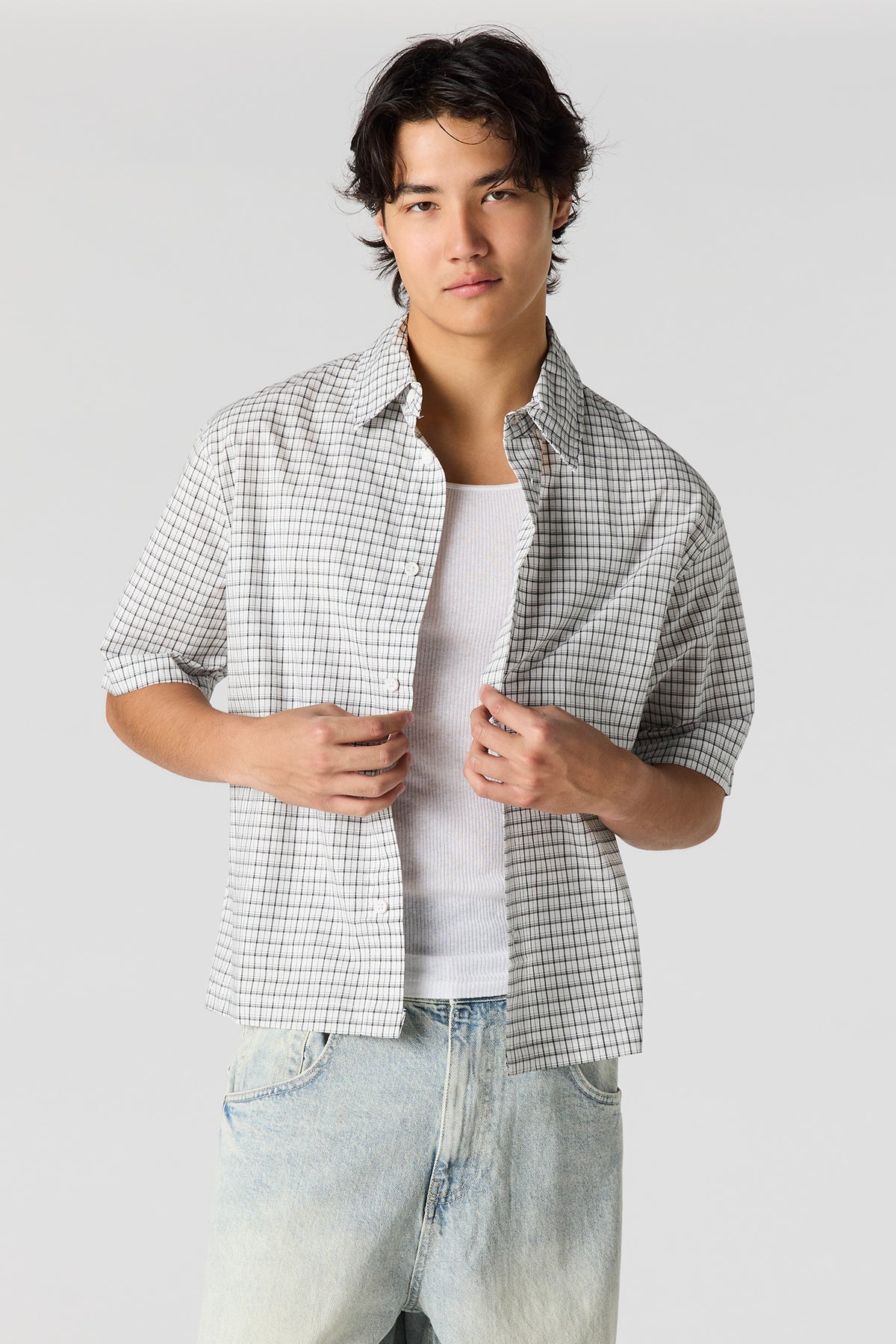 Boxy Plaid Button-Up Top - White