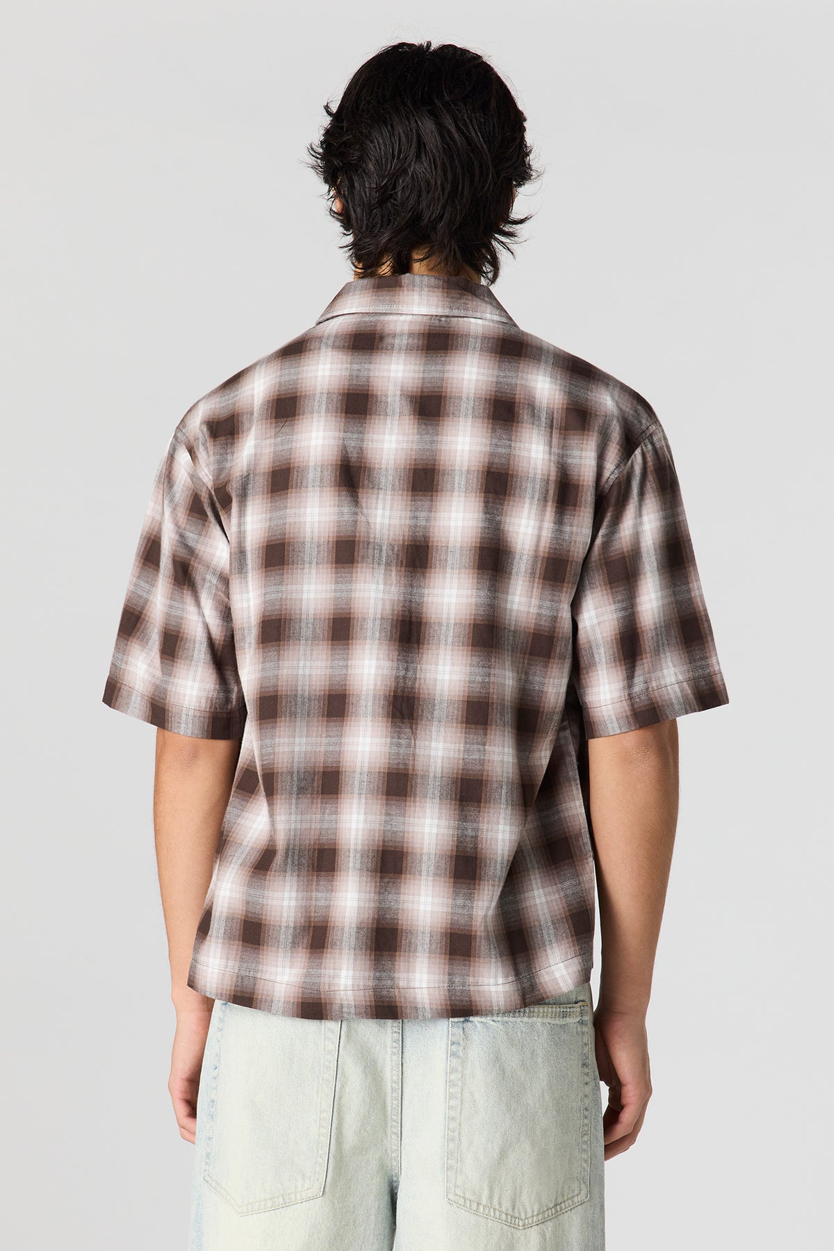 Alt View 2. Boxy Plaid Button-Up Top - Brown