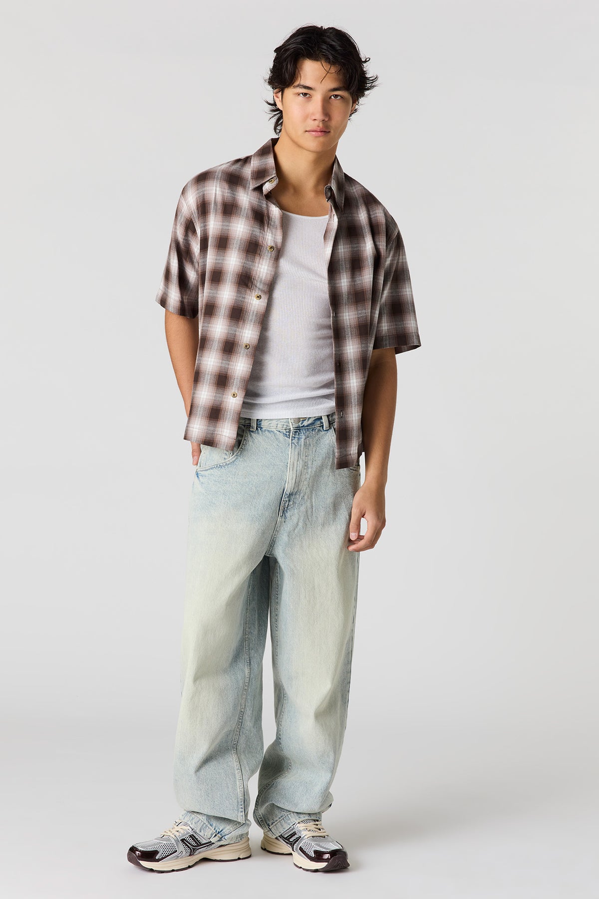 Alt View 3. Boxy Plaid Button-Up Top - Brown