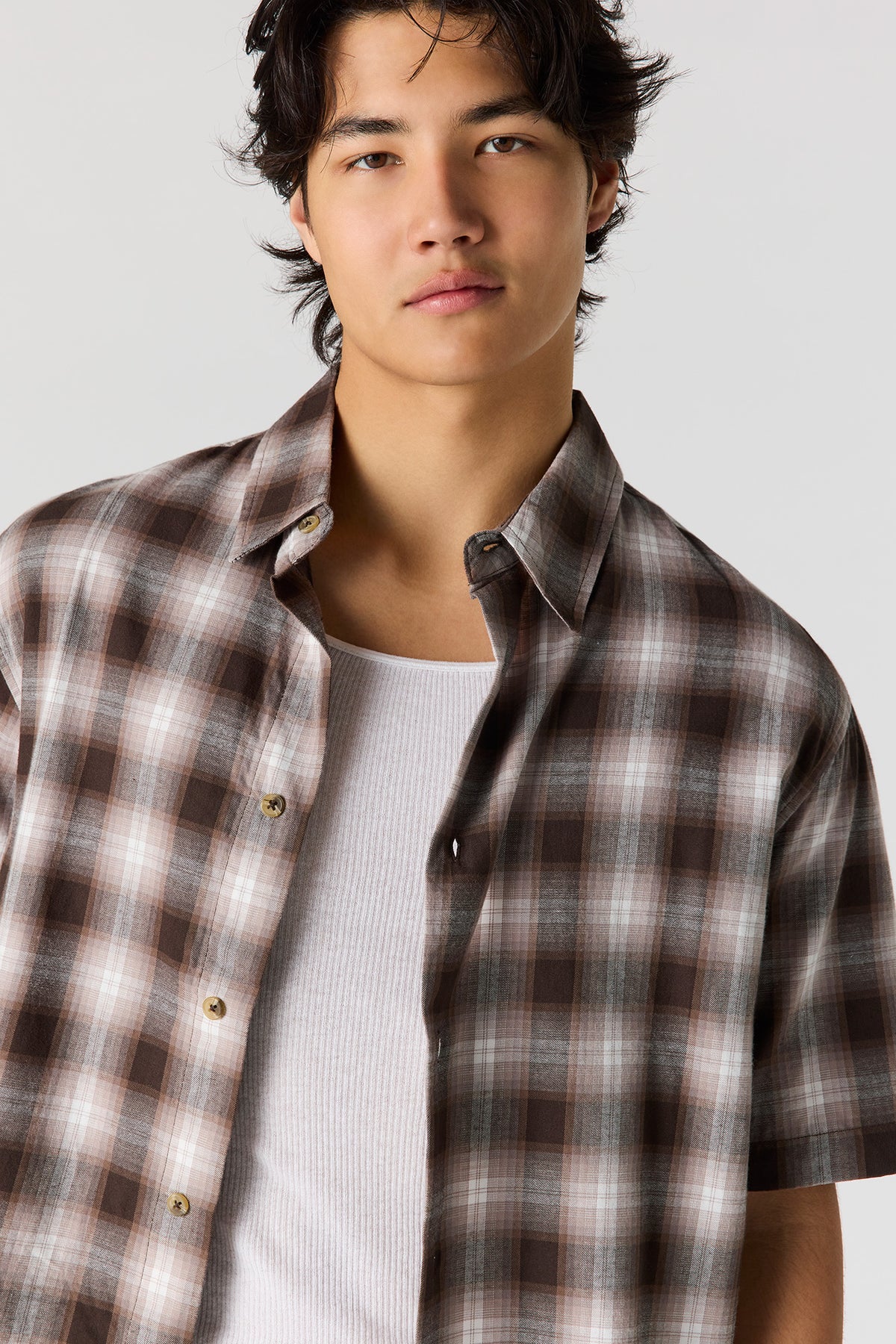 Alt View 4. Boxy Plaid Button-Up Top - Brown
