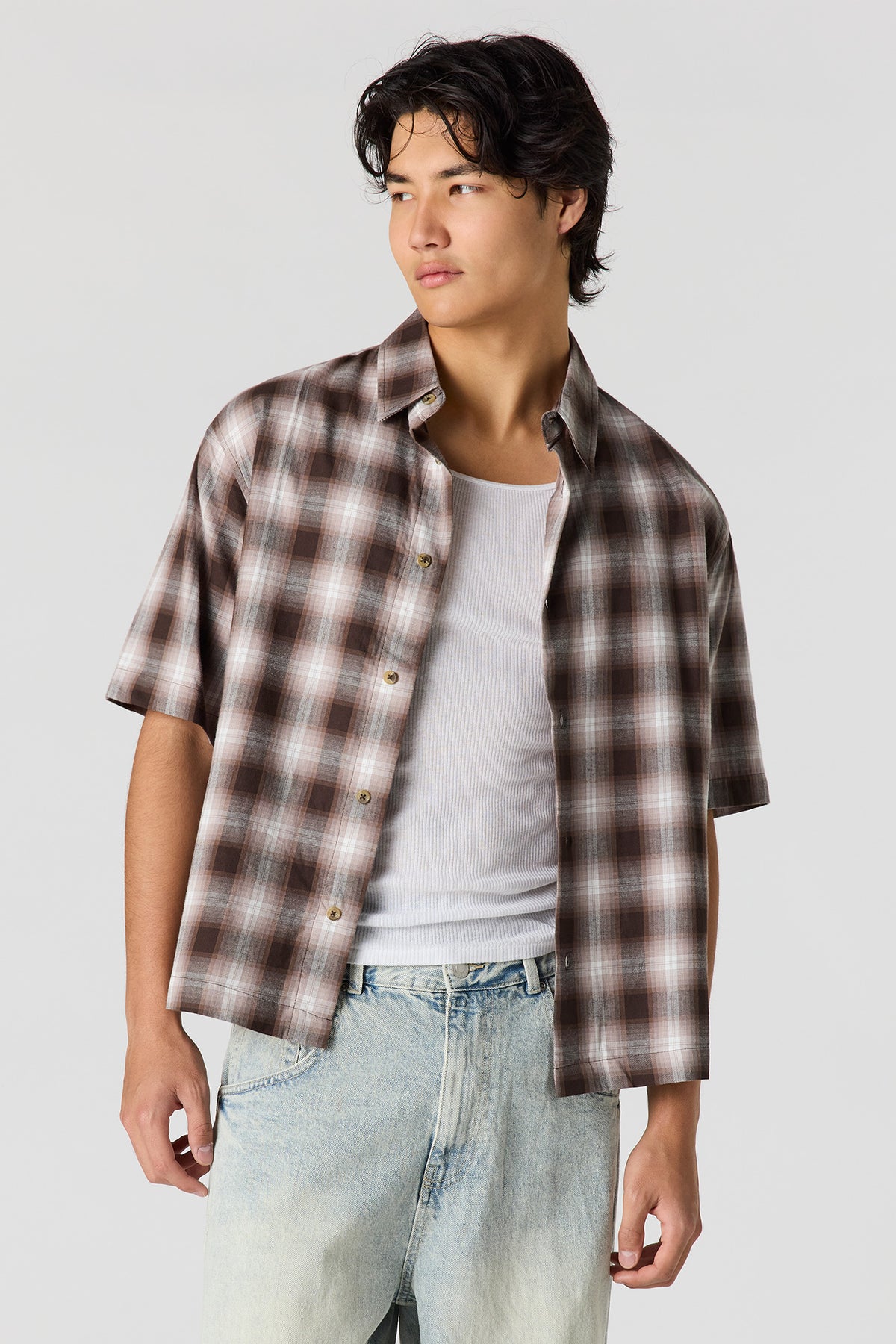 Boxy Plaid Button-Up Top - Brown