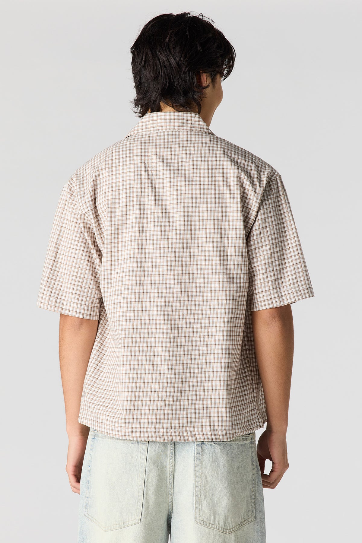 Alt View 2. Boxy Plaid Button-Up Top - Beige
