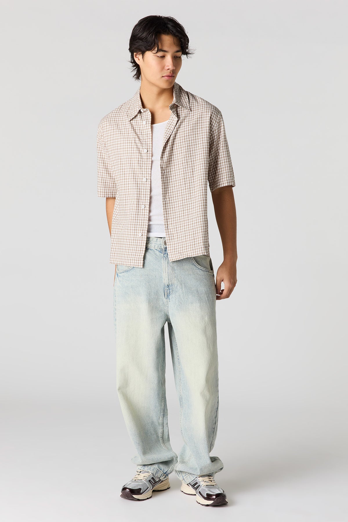 Alt View 3. Boxy Plaid Button-Up Top - Beige