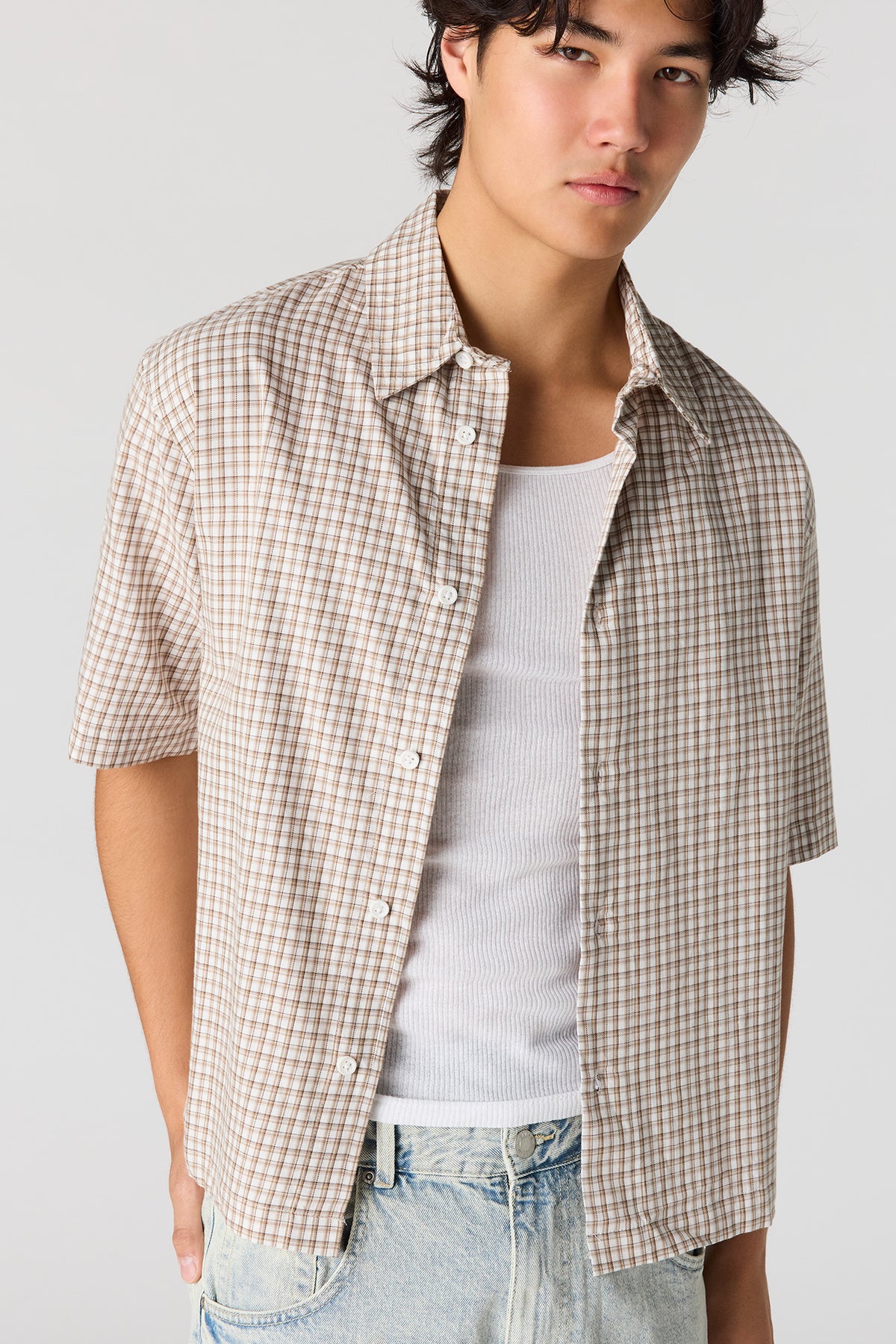 Alt View 4. Boxy Plaid Button-Up Top - Beige