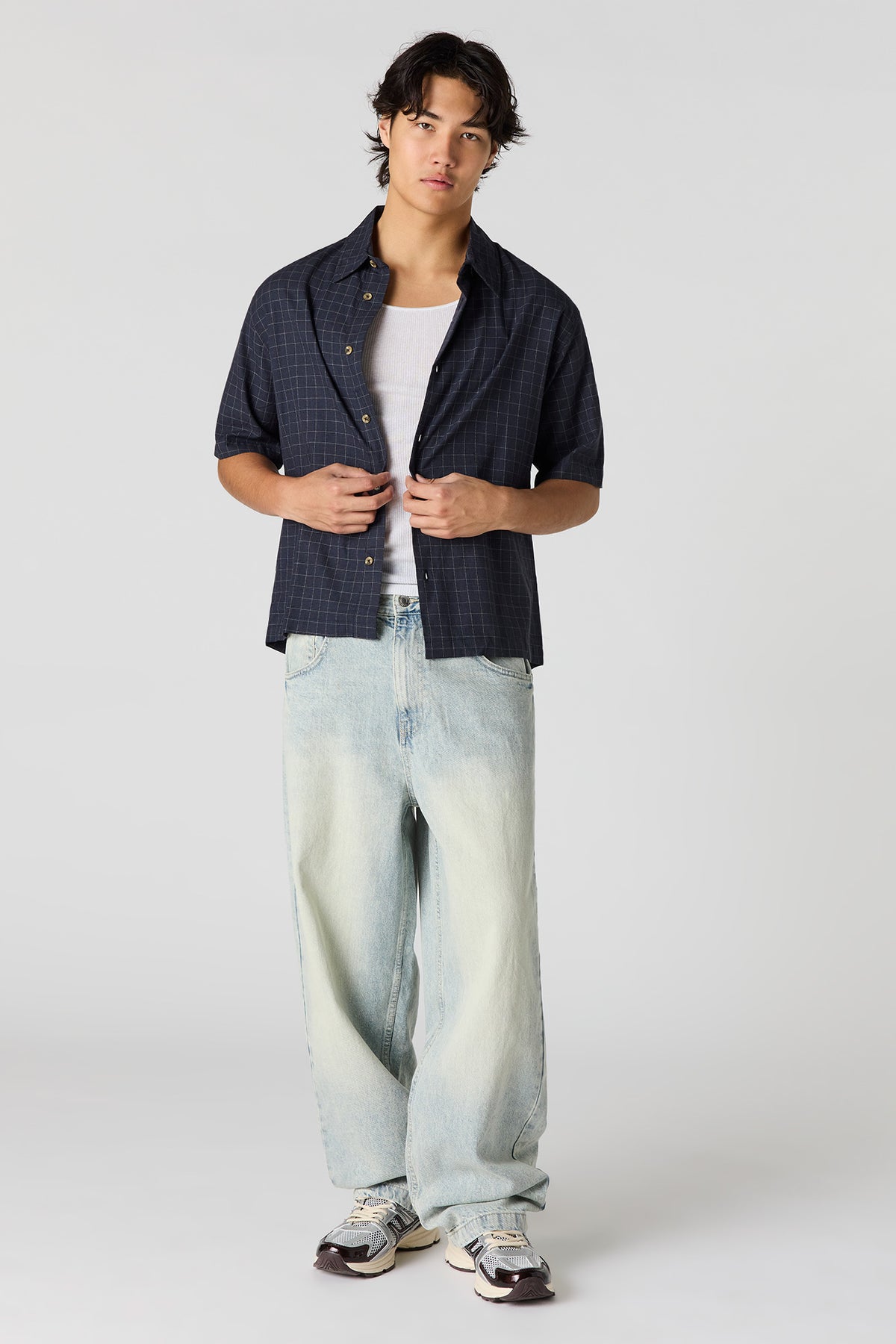 Alt View 3. Boxy Plaid Button-Up Top - Navy