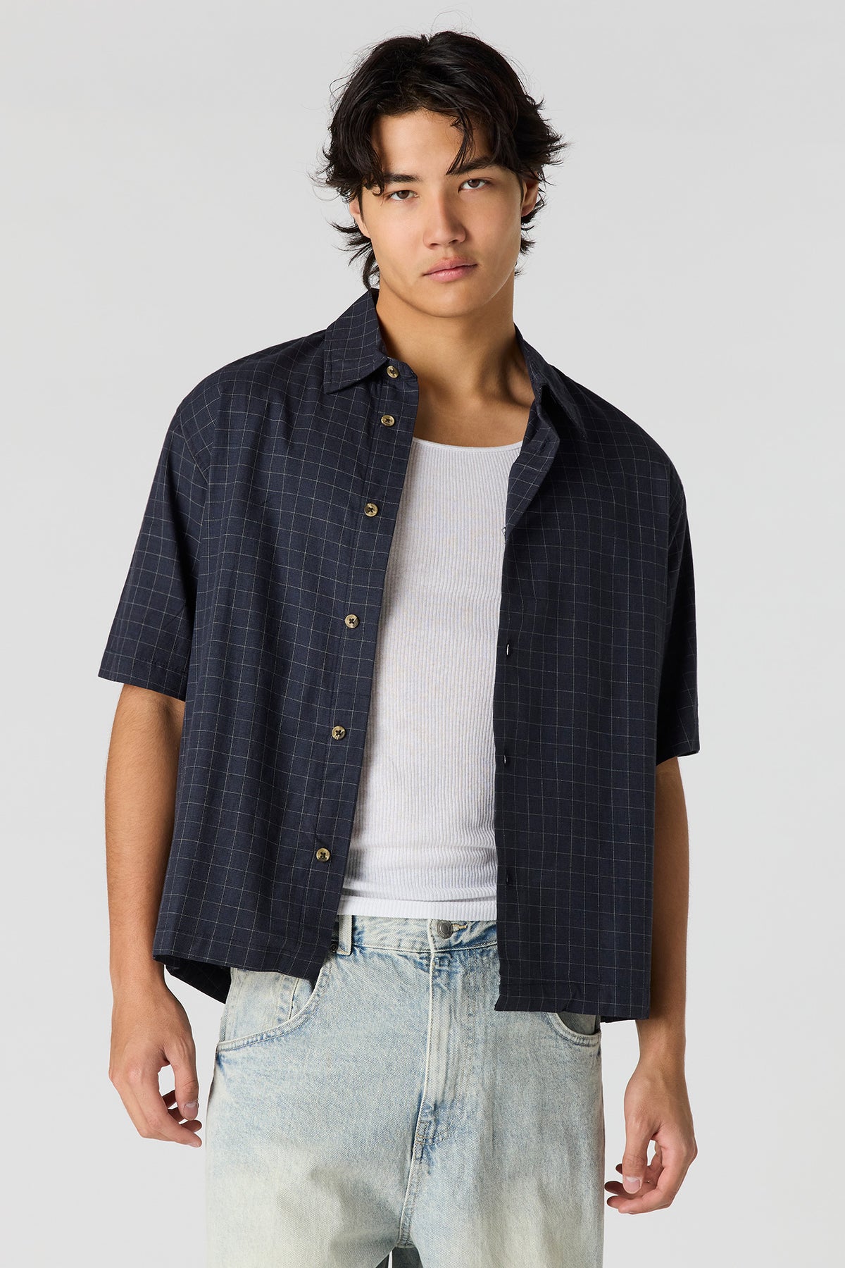 Boxy Plaid Button-Up Top - Navy