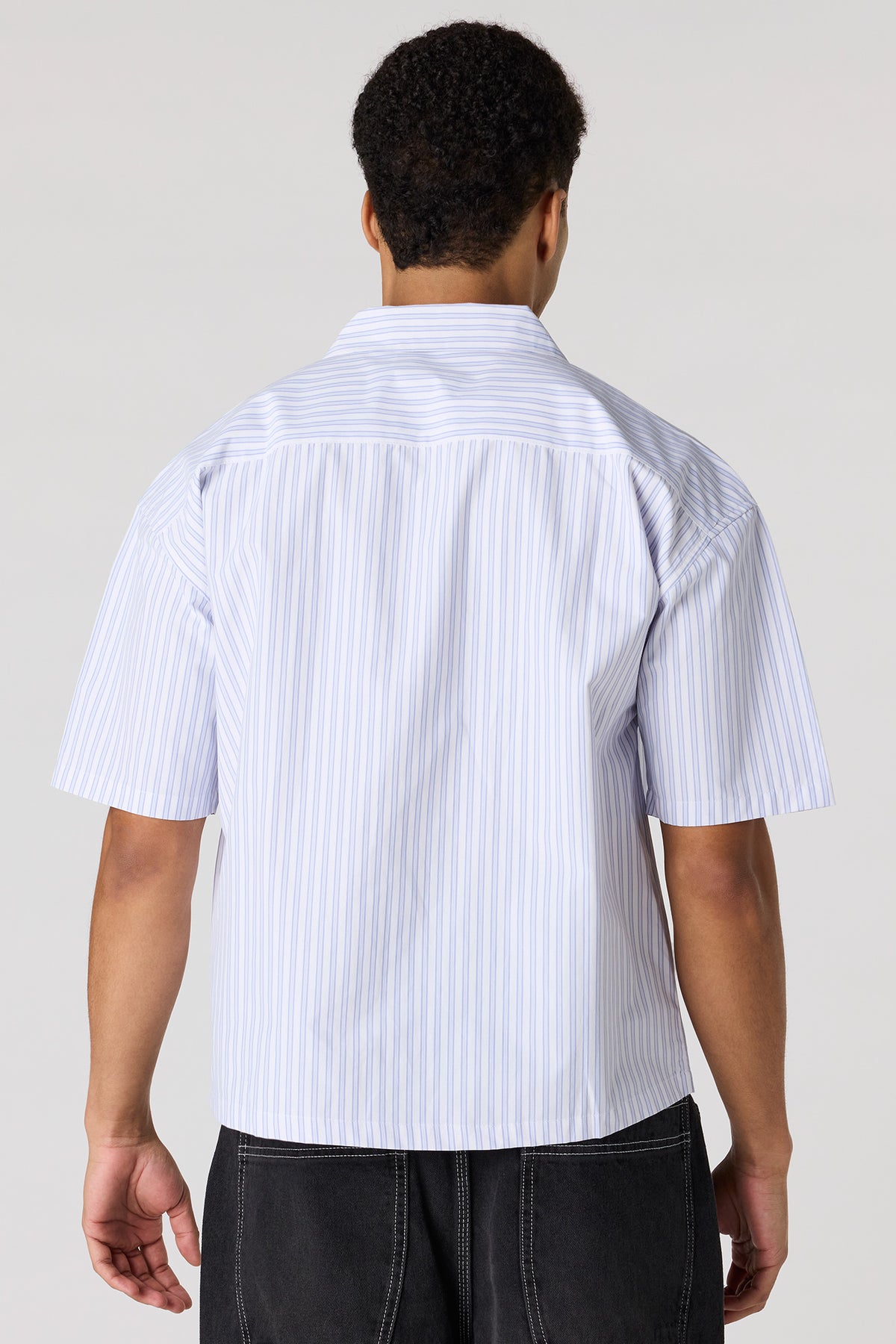 Alt View 2. Poplin Striped Button-Up Collared Boxy Top - White