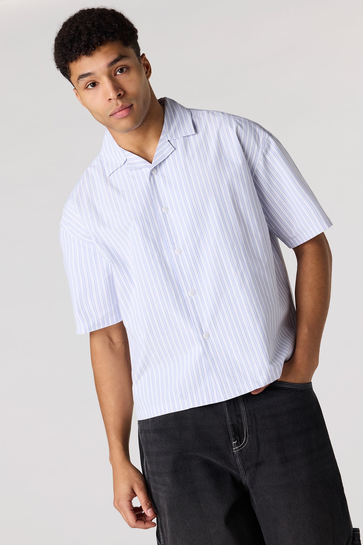 Poplin Striped Button-Up Collared Boxy Top - White