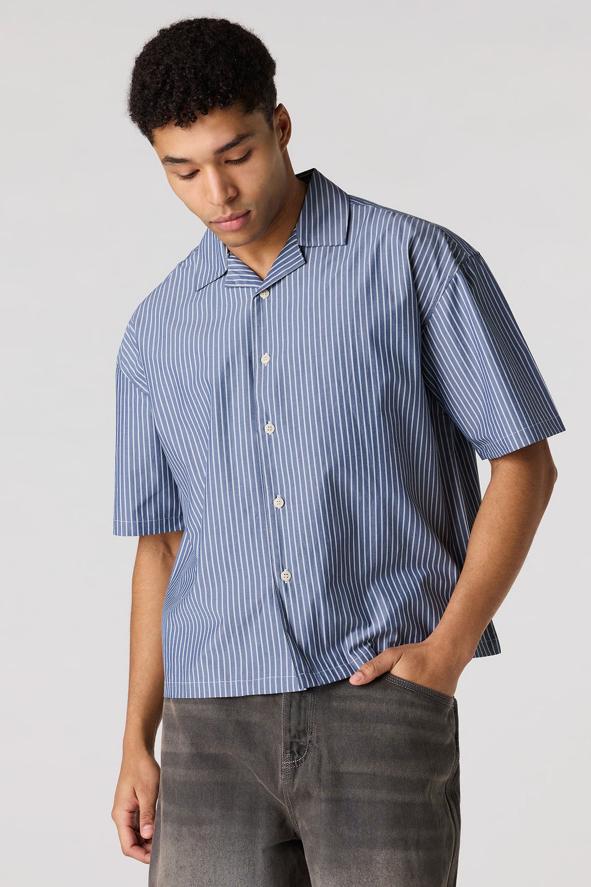 Poplin Striped Button-Up Collared Boxy Top - Blue
