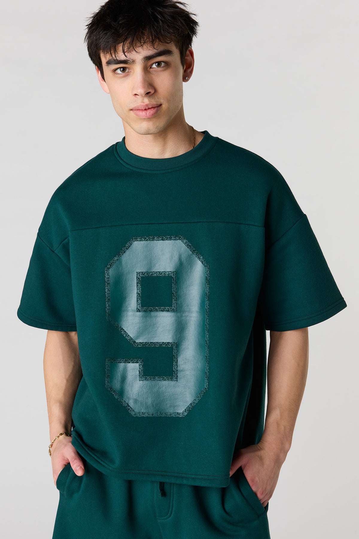 Number Graphic Boxy Fleece T-Shirt - Hunter Green