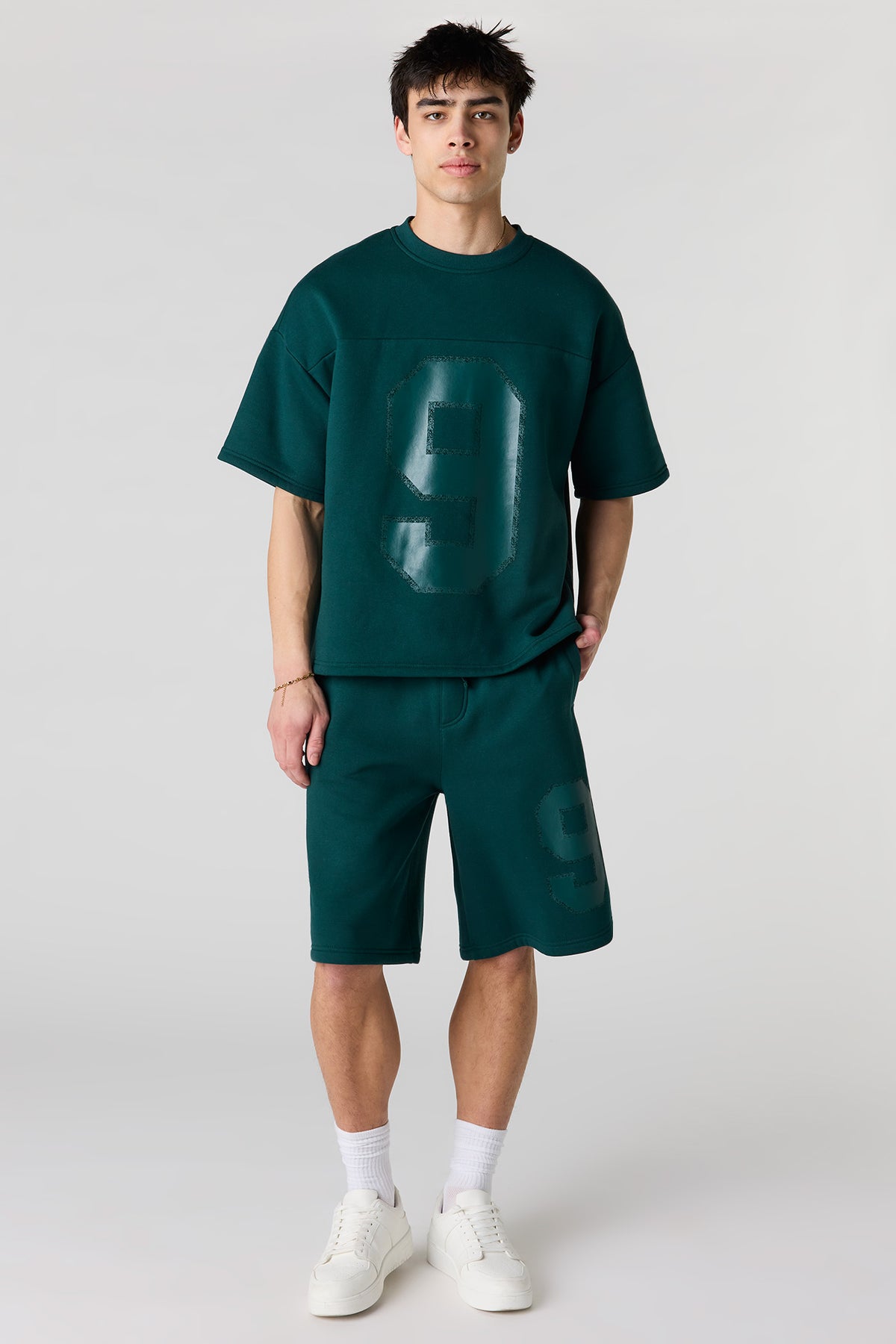Alt View 3. Number Graphic Boxy Fleece T-Shirt - Hunter Green