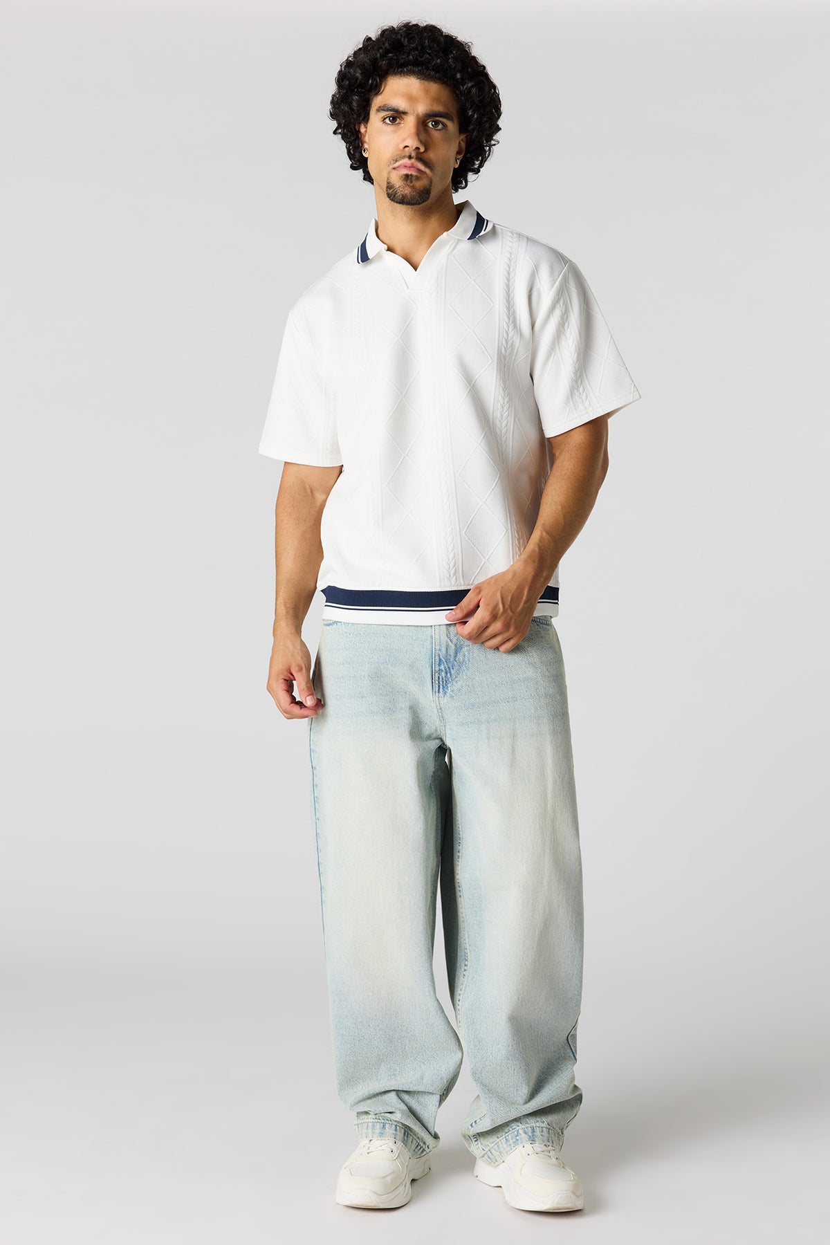 Alt View 3. Textured Johnny Collar Polo - White