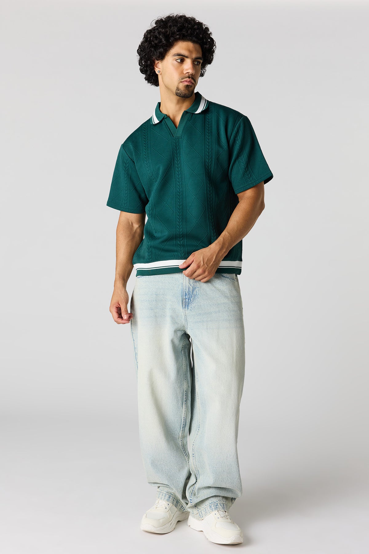 Alt View 3. Textured Johnny Collar Polo - Green