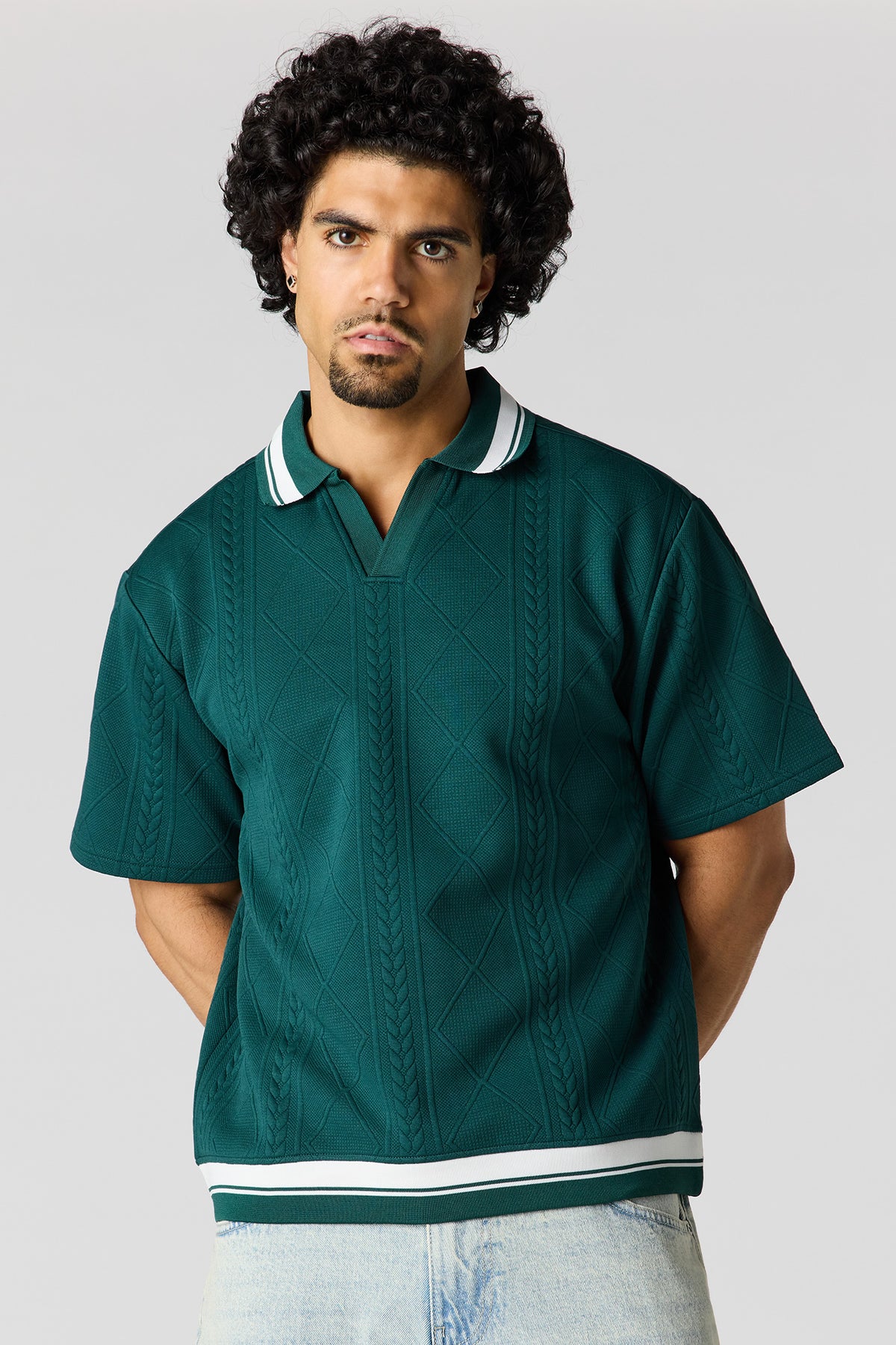 Textured Johnny Collar Polo - Green