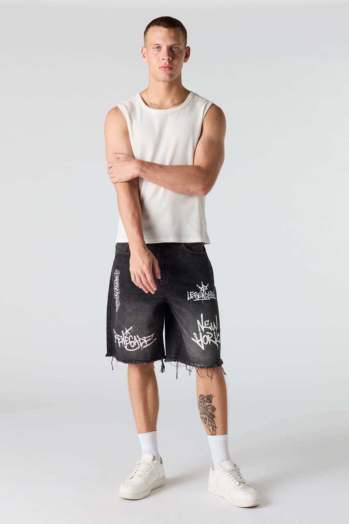 Alt View 2. Graffiti Printed Ripped Denim Short - Black