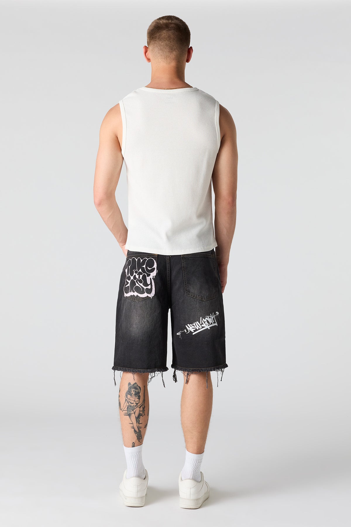 Alt View 3. Graffiti Printed Ripped Denim Short - Black