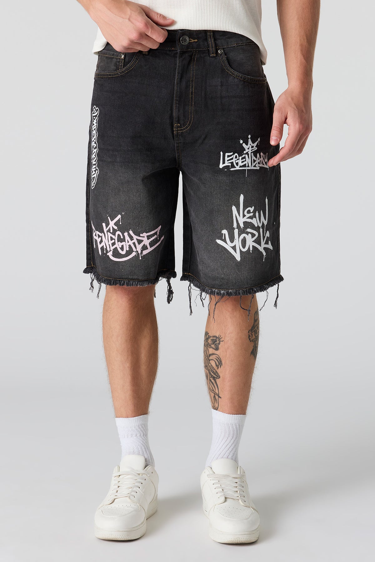 Graffiti Printed Ripped Denim Short - Black