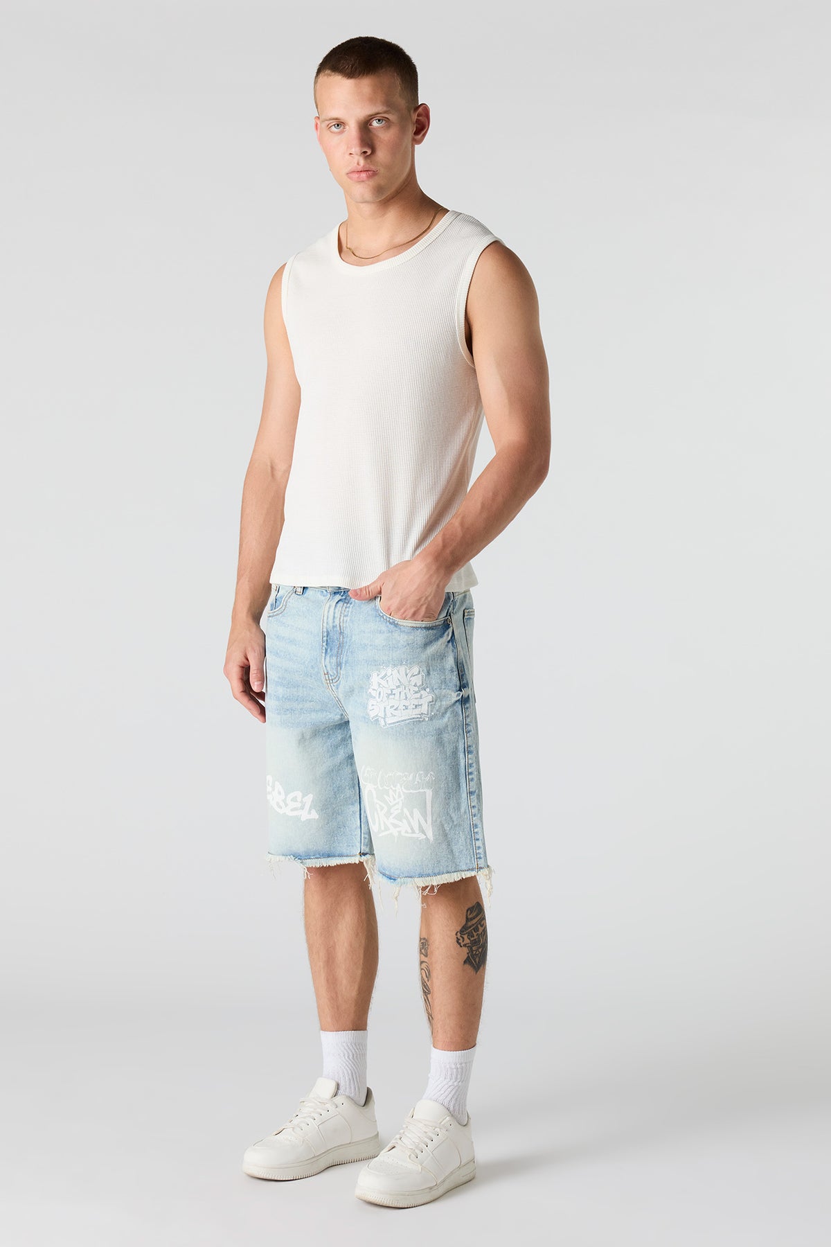 Alt View 2. Graffiti Printed Ripped Denim Short - Light Denim Blue