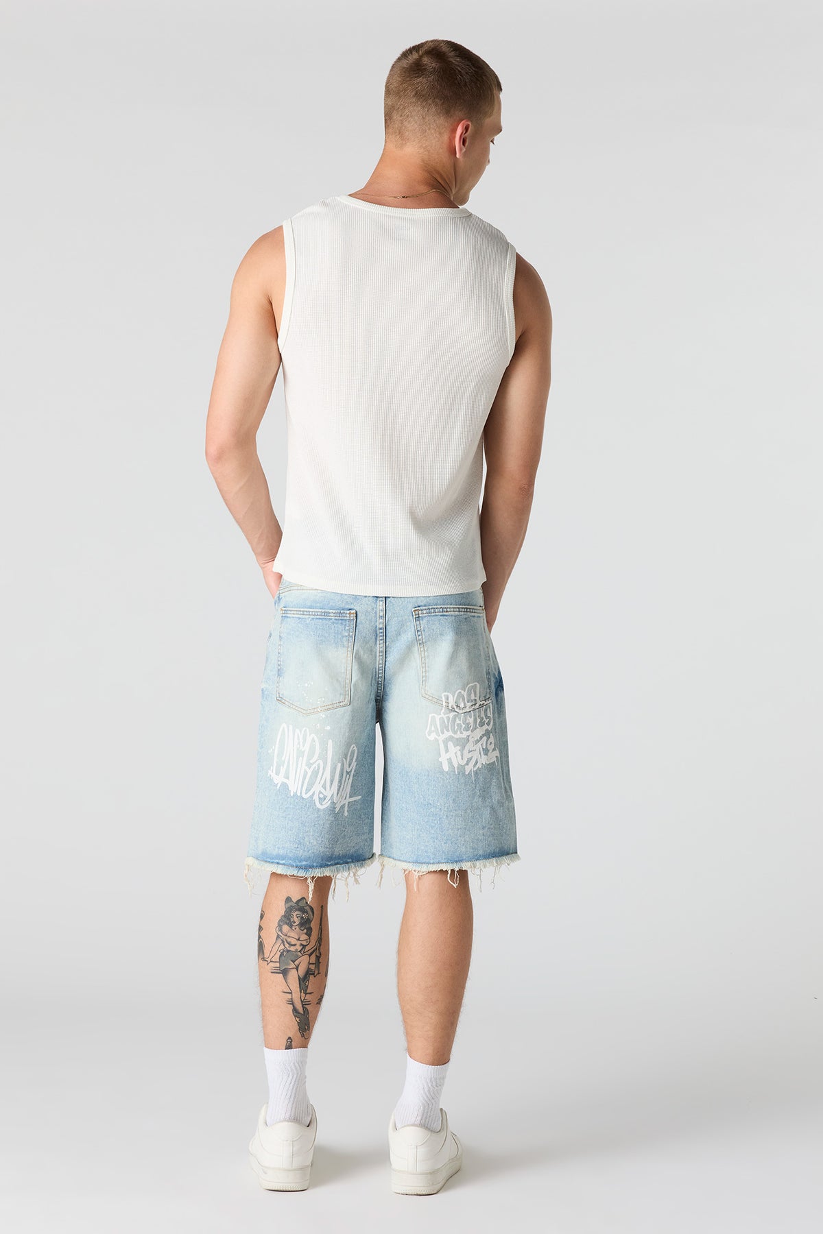 Alt View 3. Graffiti Printed Ripped Denim Short - Light Denim Blue