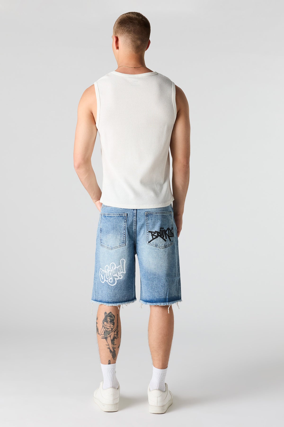 Alt View 3. Graffiti Printed Ripped Denim Short - Medium Blue