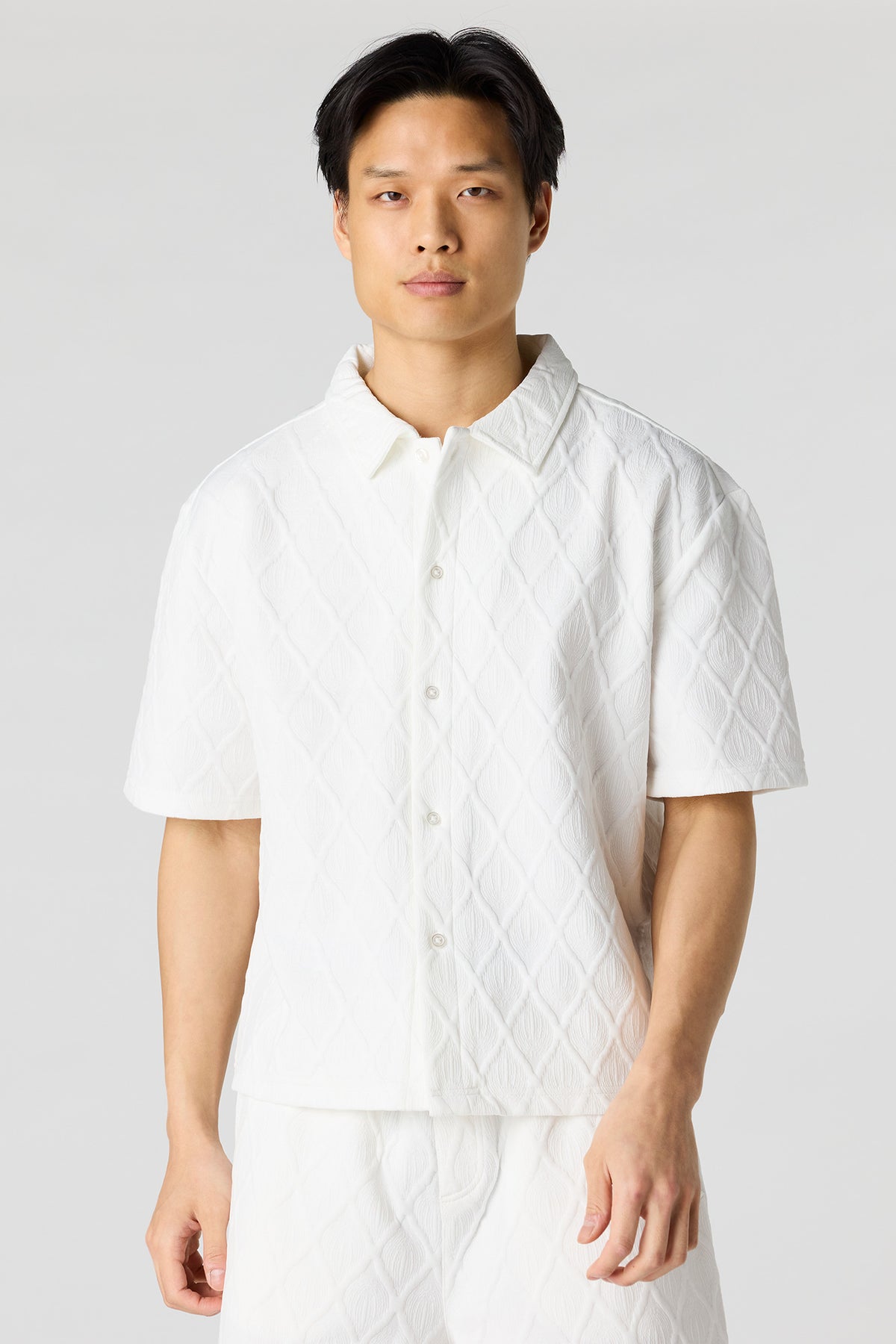 Textured Button-Up Collared Top - White