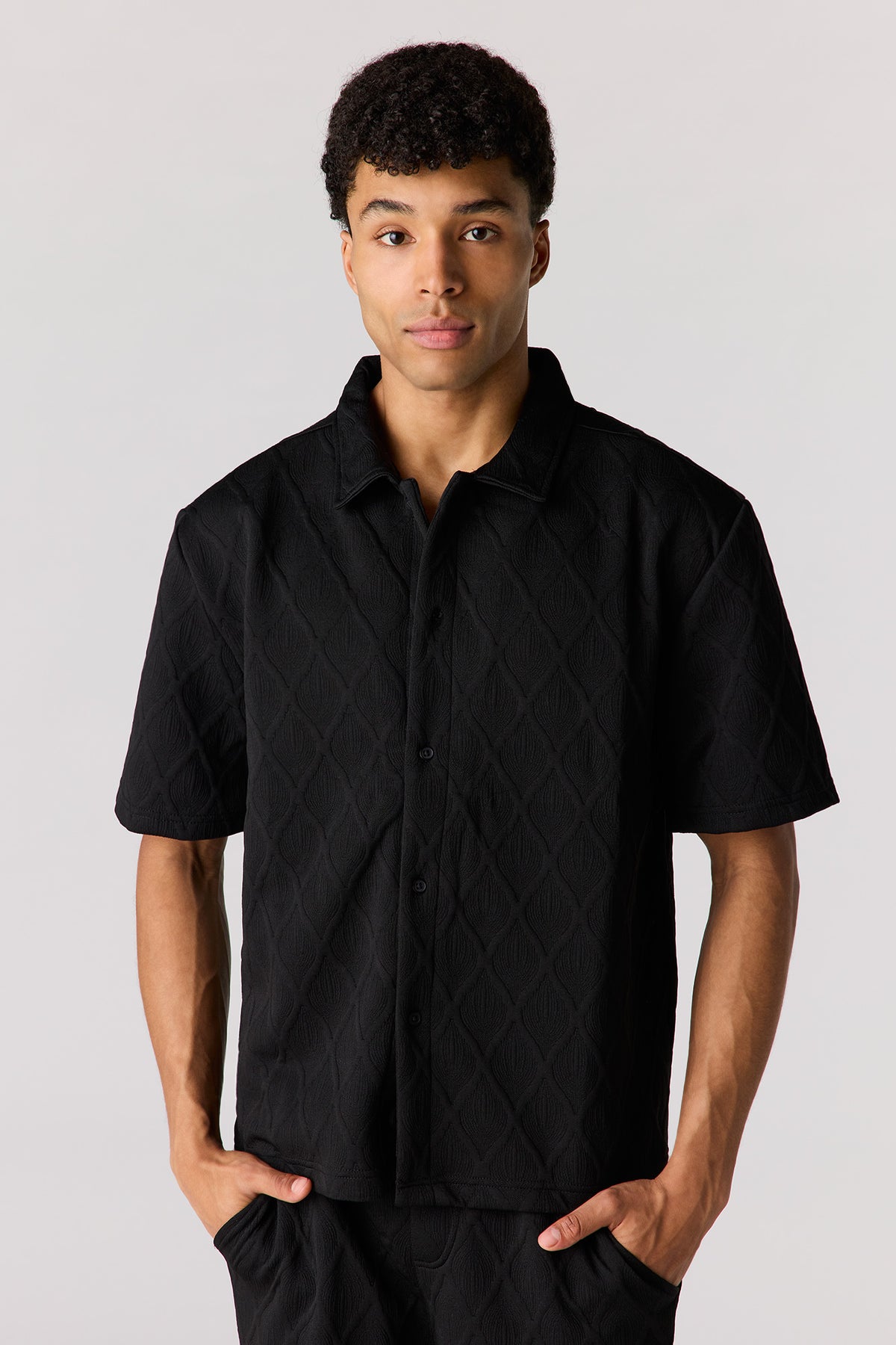 Textured Button-Up Collared Top - Black