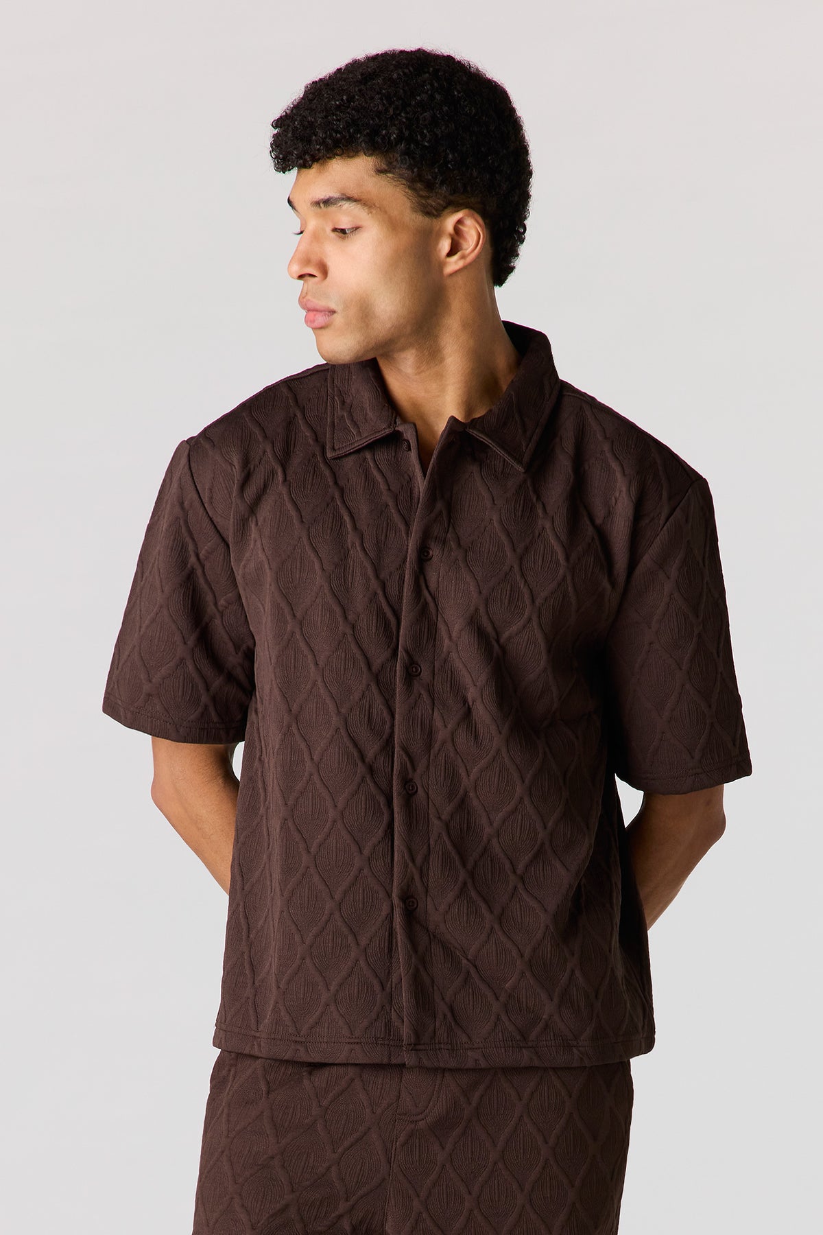 Textured Button-Up Collared Top - Dark Brown