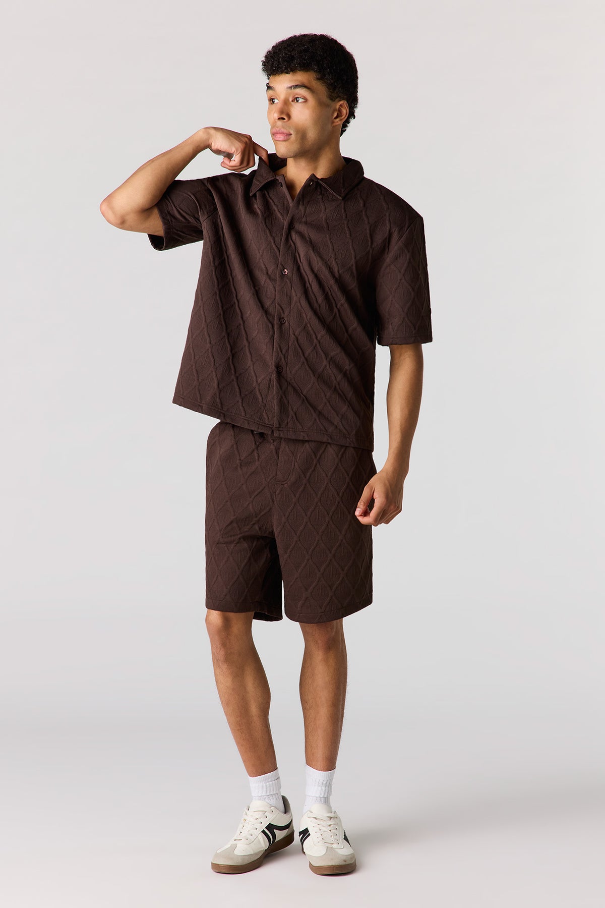 Alt View 3. Textured Button-Up Collared Top - Dark Brown