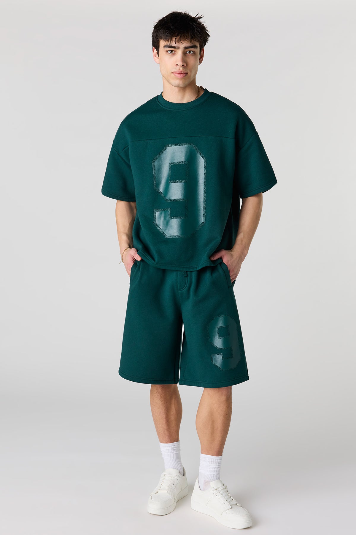 Alt View 2. Number Graphic Baggy Fleece Short - Hunter Green