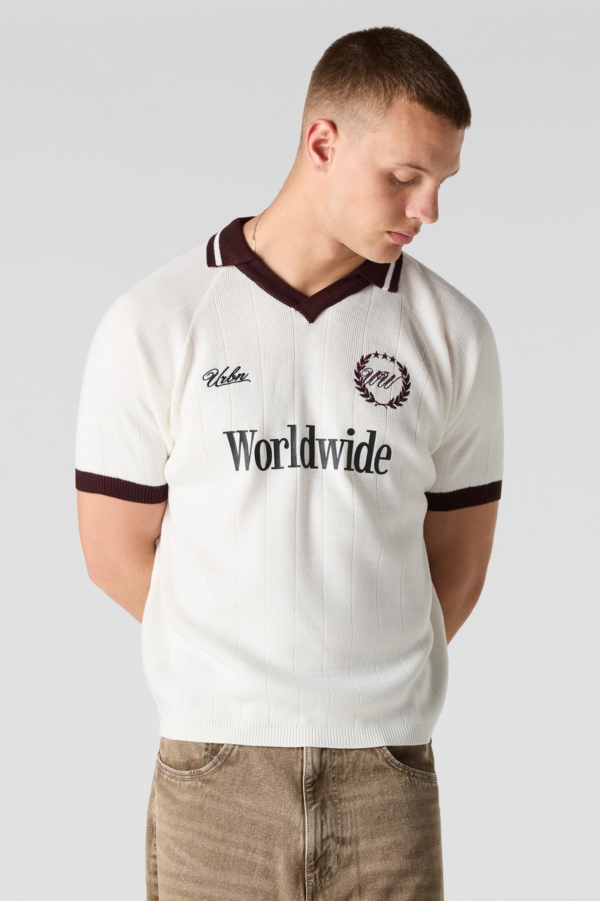 Embroidered Knit Collared Top - Off White