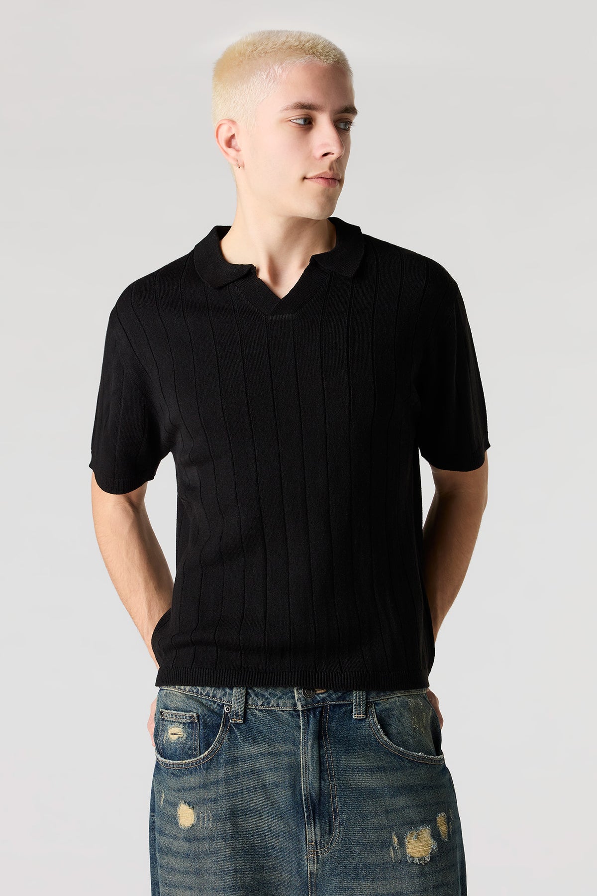 Ribbed Knit Polo - Black