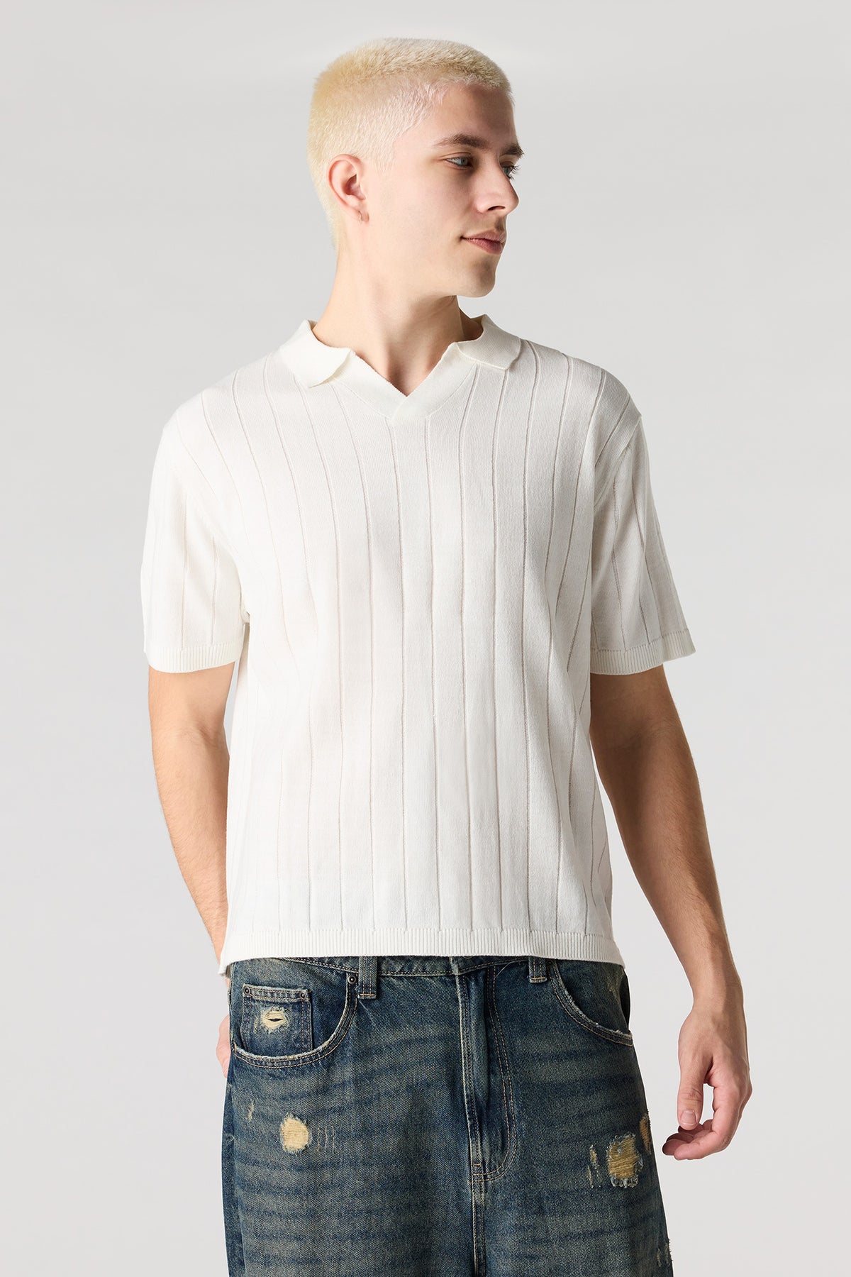 Ribbed Knit Polo - Off White