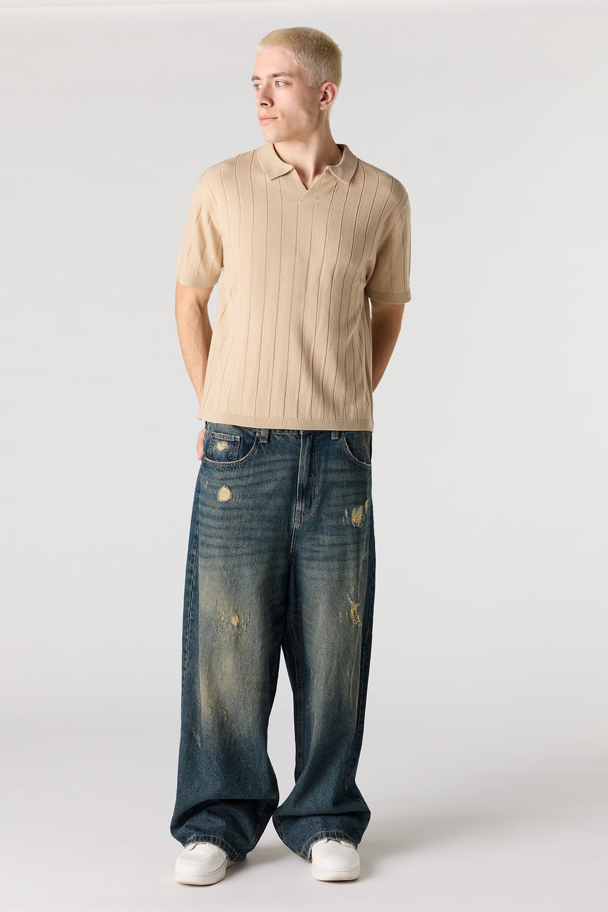 Alt View 3. Ribbed Knit Polo - Natural