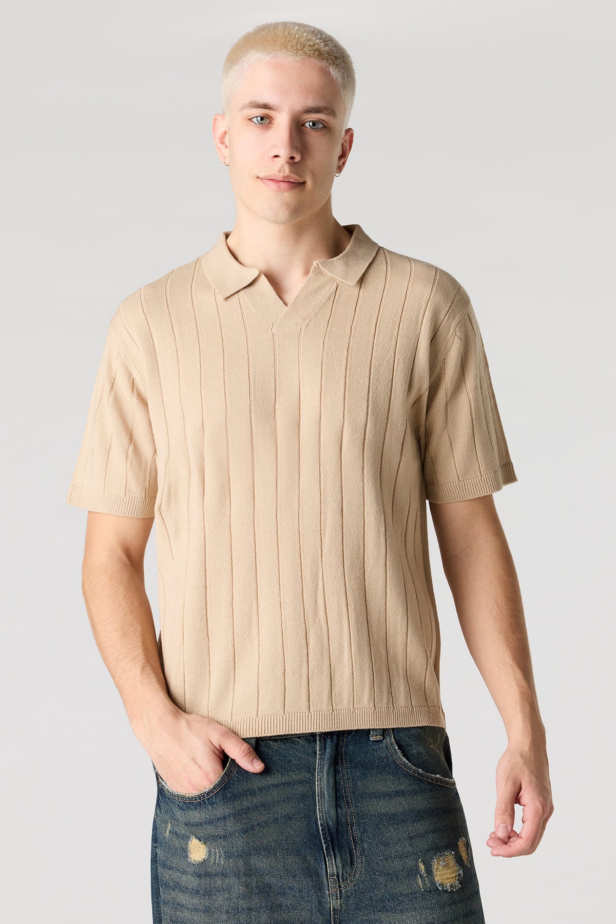 Ribbed Knit Polo - Natural
