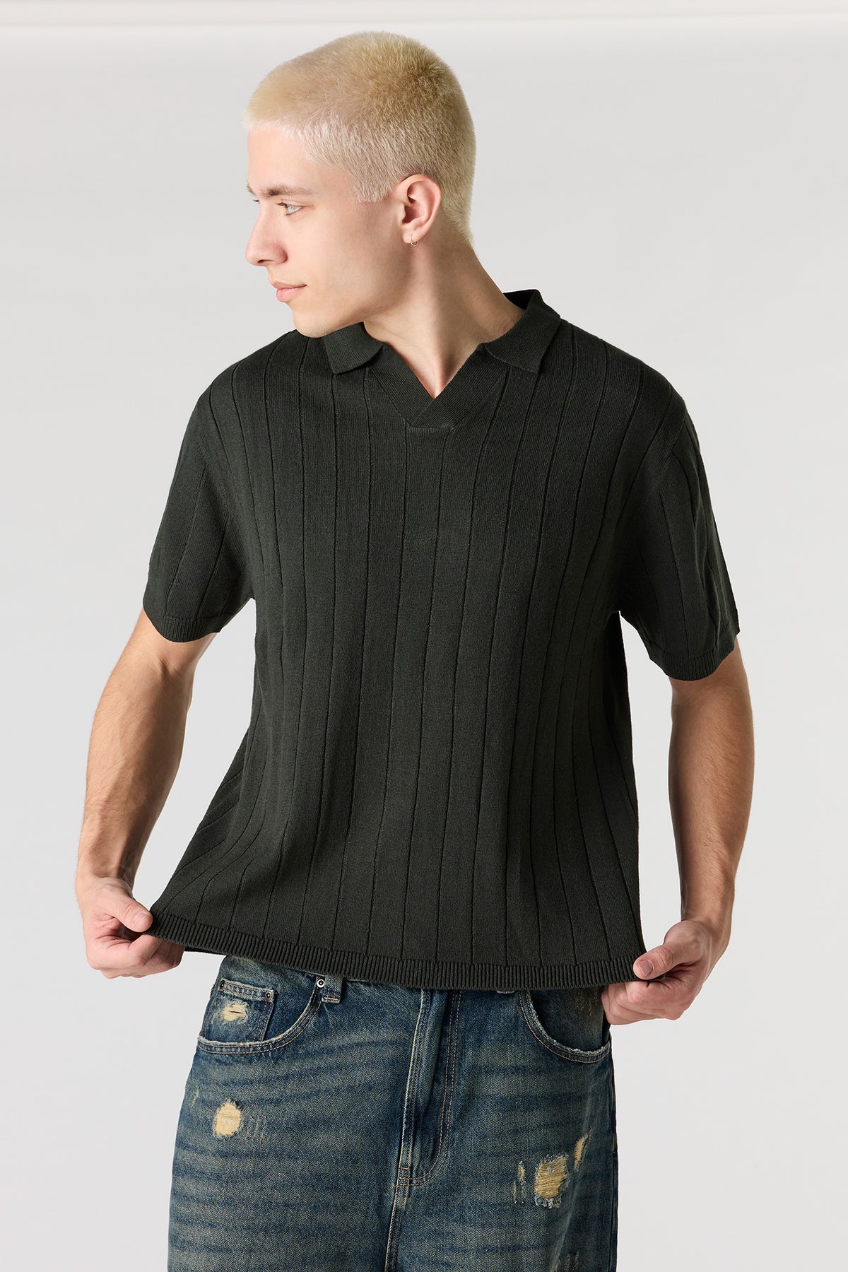 Ribbed Knit Polo - Hunter Green