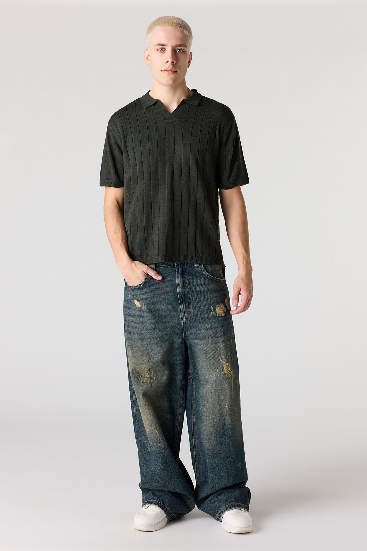Alt View 3. Ribbed Knit Polo - Hunter Green