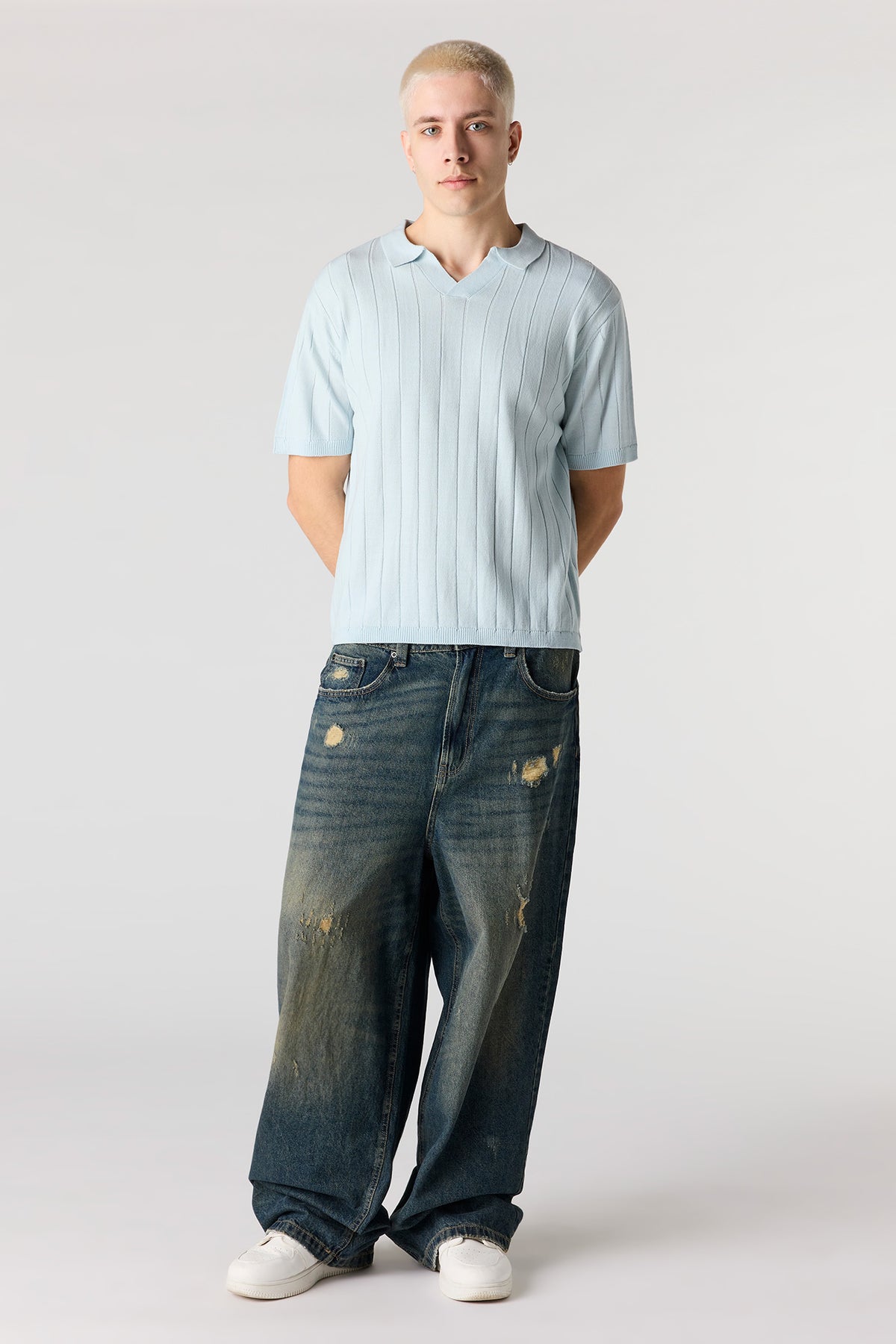Alt View 3. Ribbed Knit Polo - Light Blue