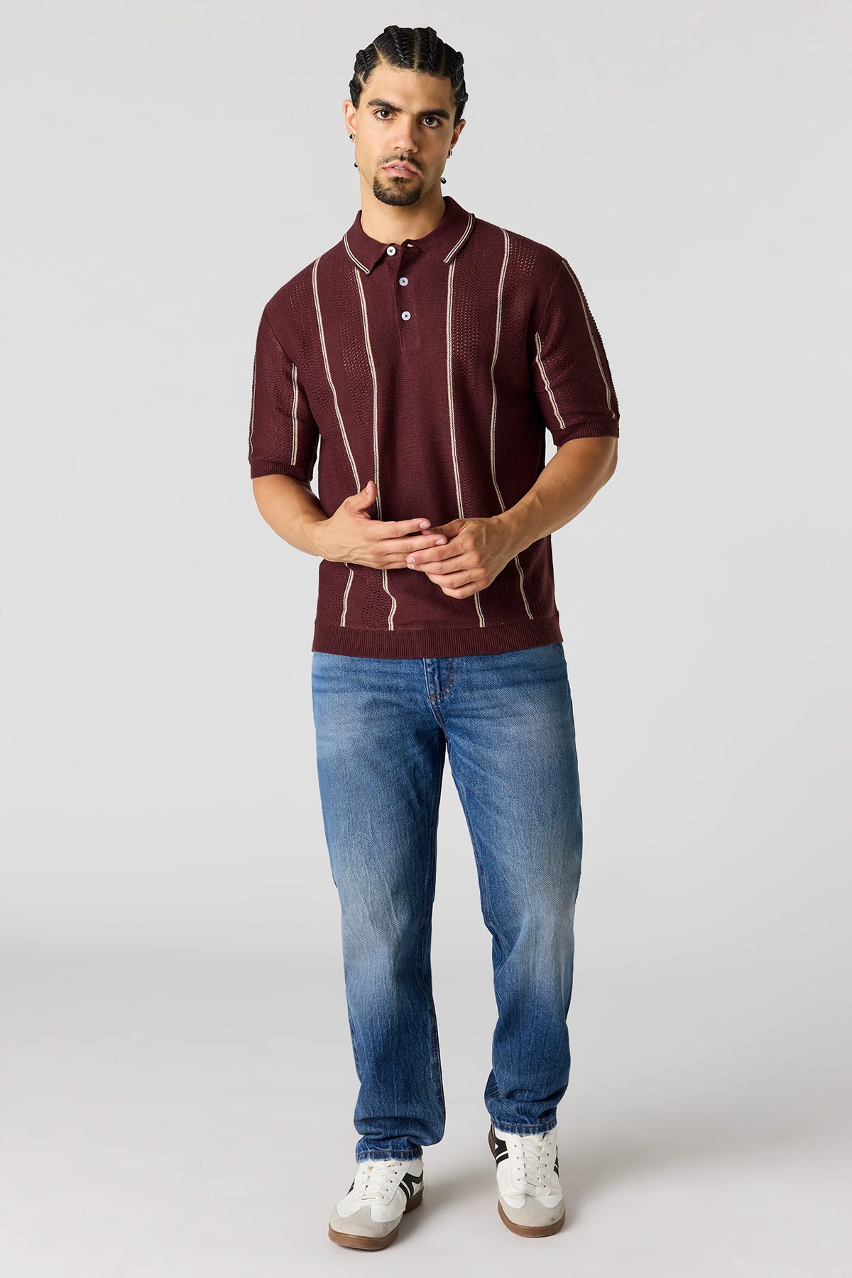 Alt View 3. Textured Knit Striped Polo - Burgundy