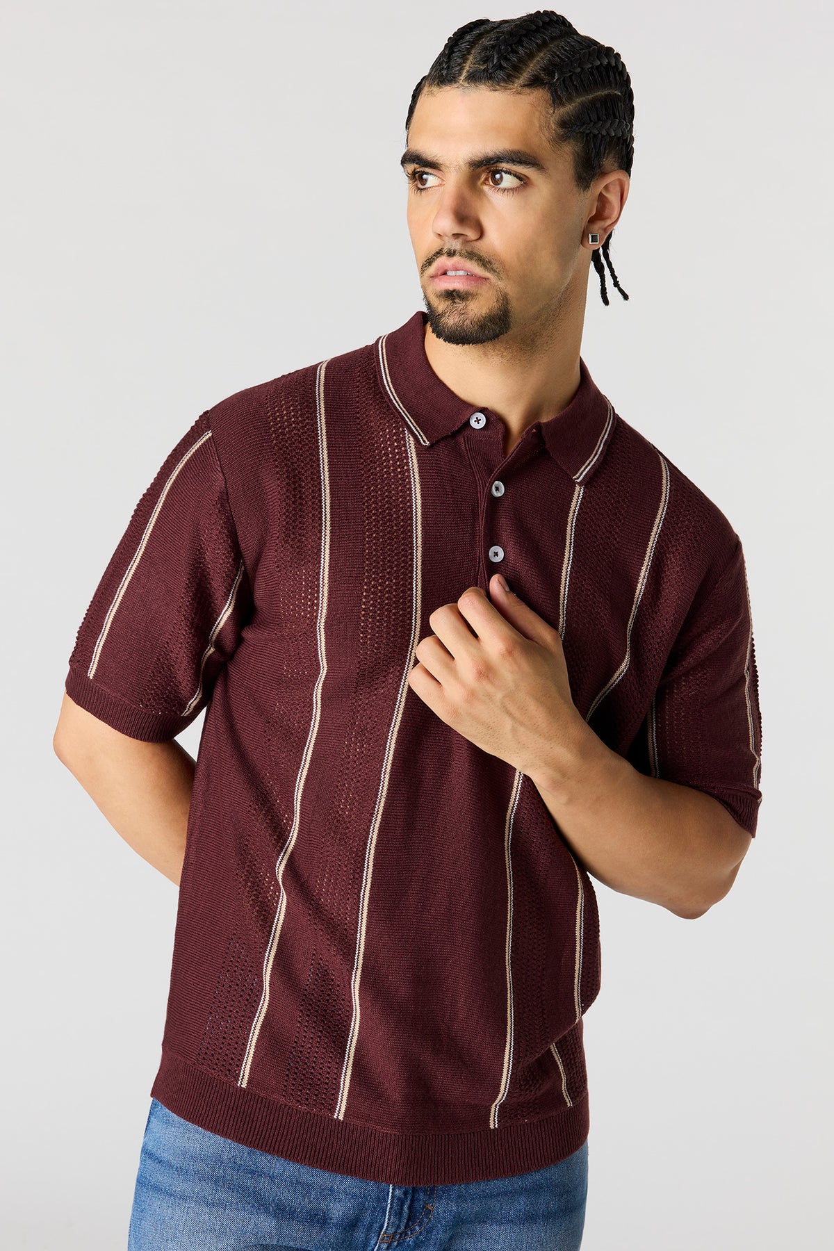 Textured Knit Striped Polo - Burgundy