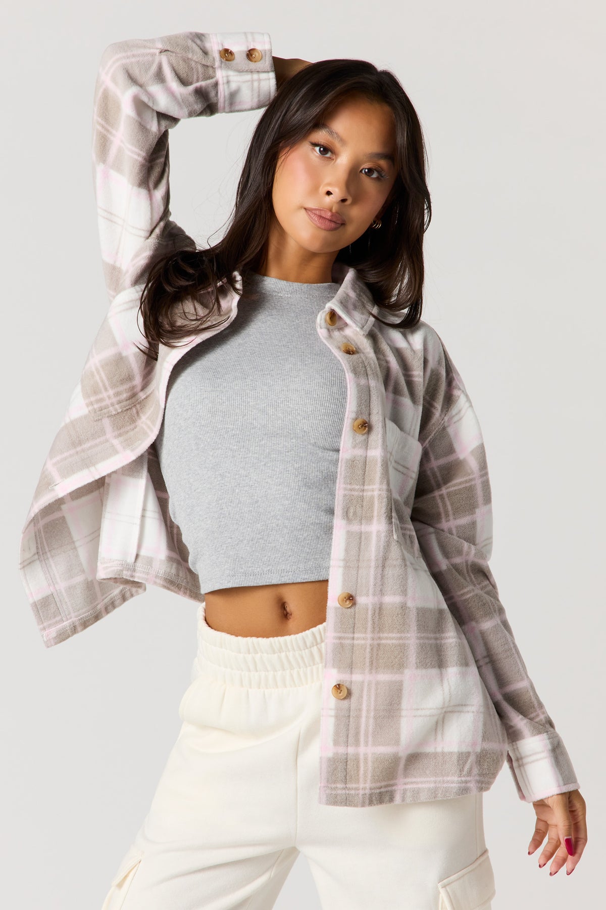Plaid Sherpa Button-Up Shacket - Pink