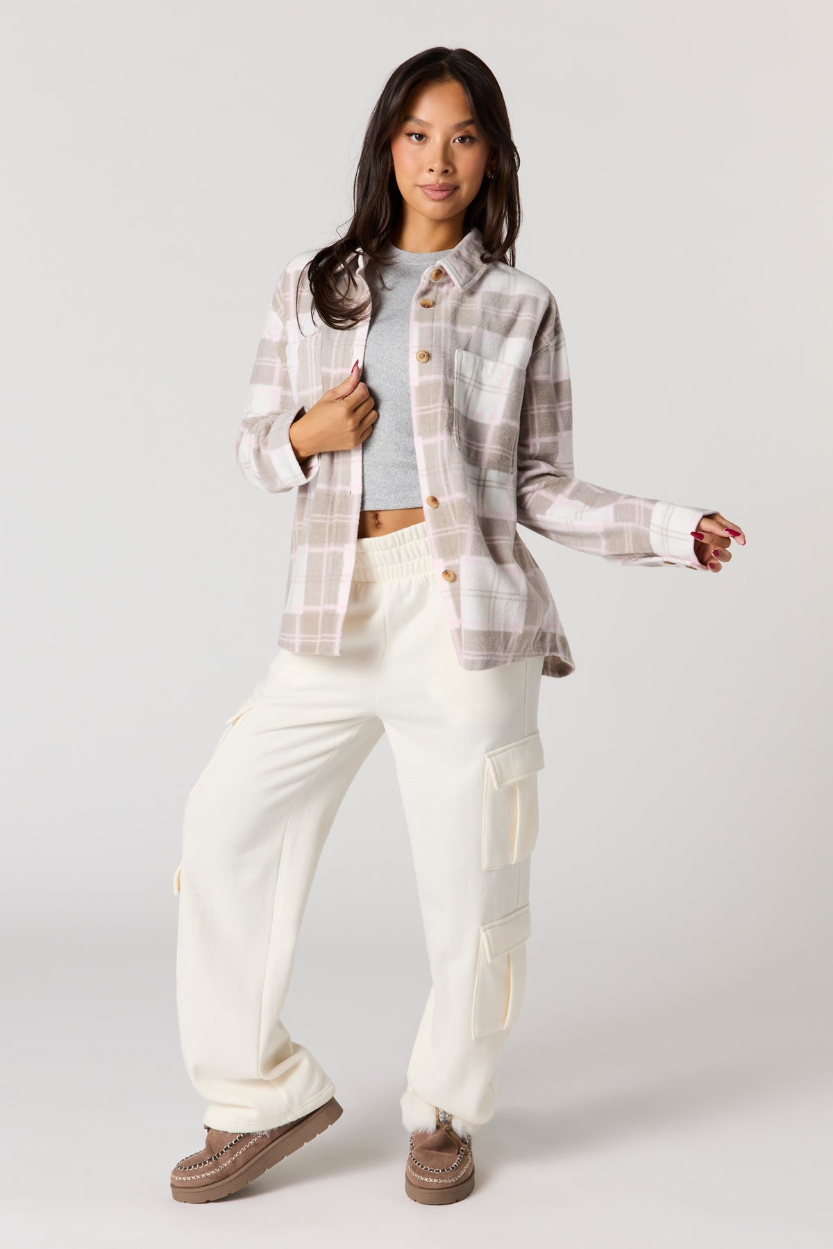 Alt View 3. Plaid Sherpa Button-Up Shacket - Pink