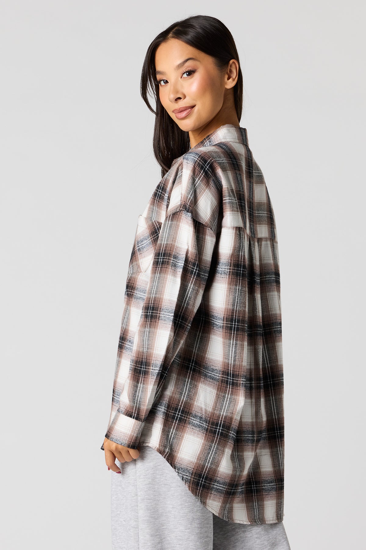 Alt View 2. Plaid Flannel Button-Up Top - Brown