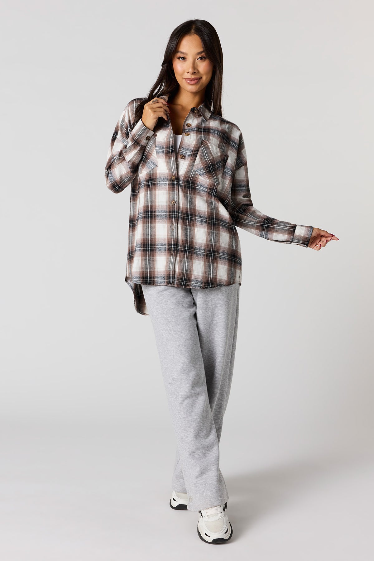 Alt View 3. Plaid Flannel Button-Up Top - Brown