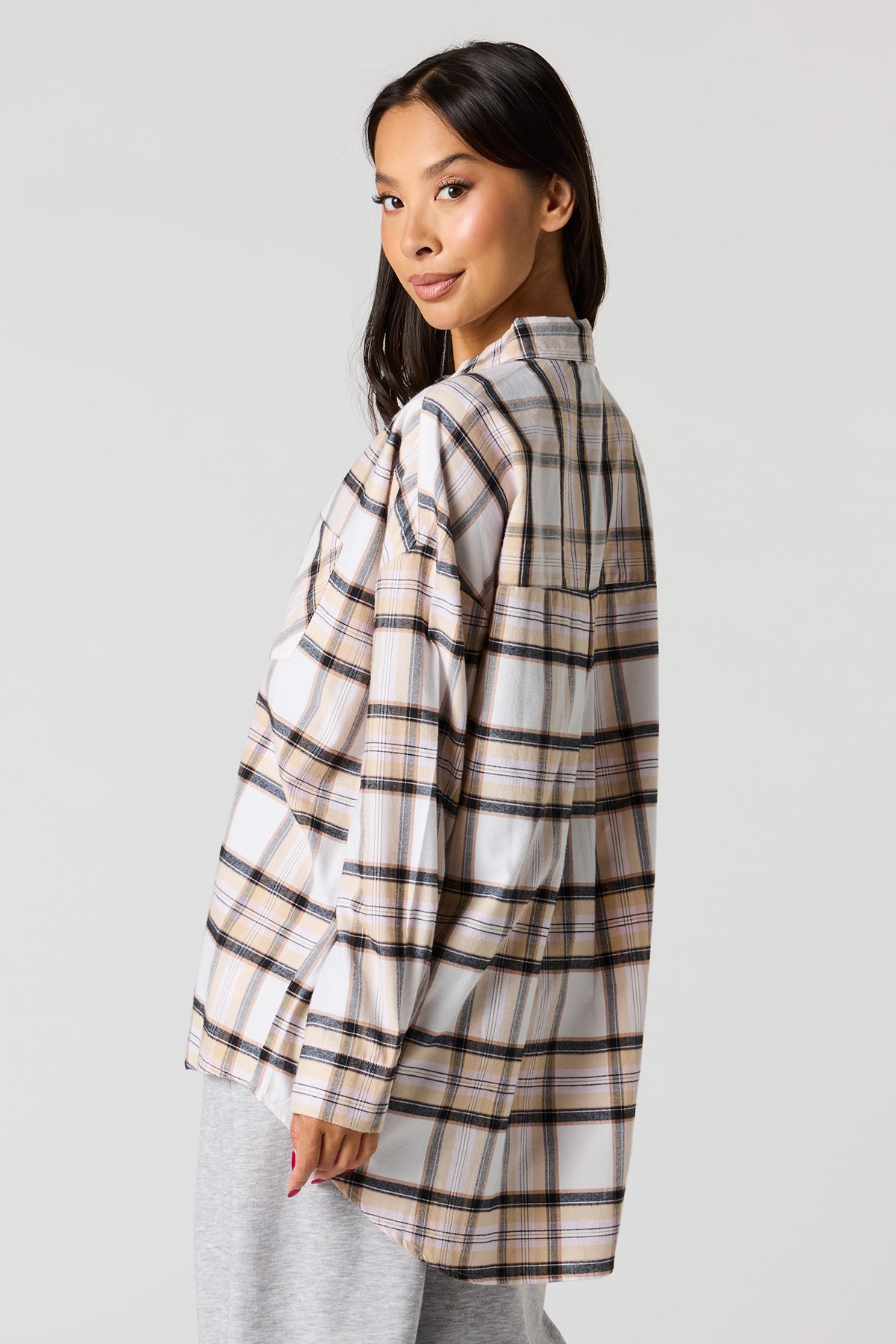 Alt View 2. Plaid Flannel Button-Up Top - Natural
