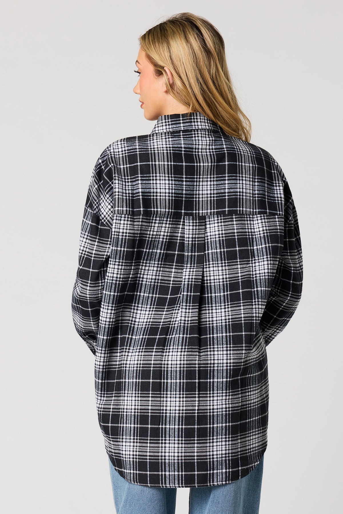 Alt View 2. Plaid Flannel Button-Up Top - Black