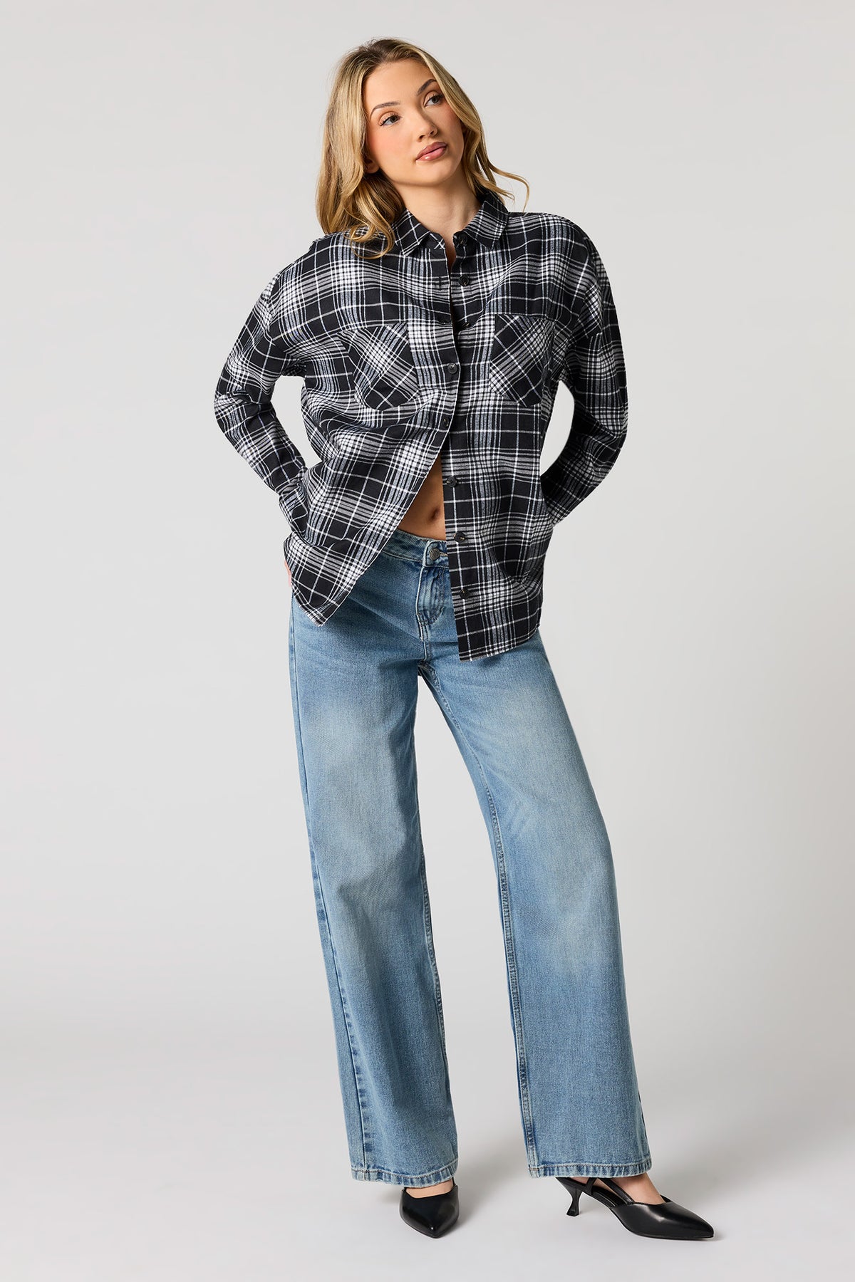 Alt View 3. Plaid Flannel Button-Up Top - Black