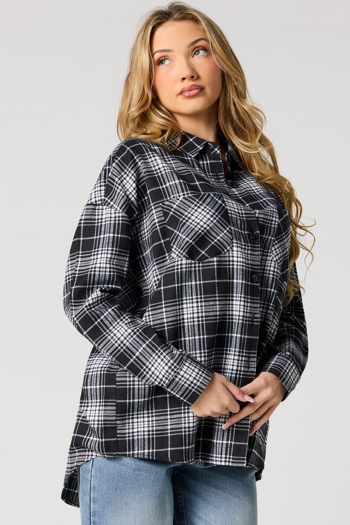 Plaid Flannel Button-Up Top - Black