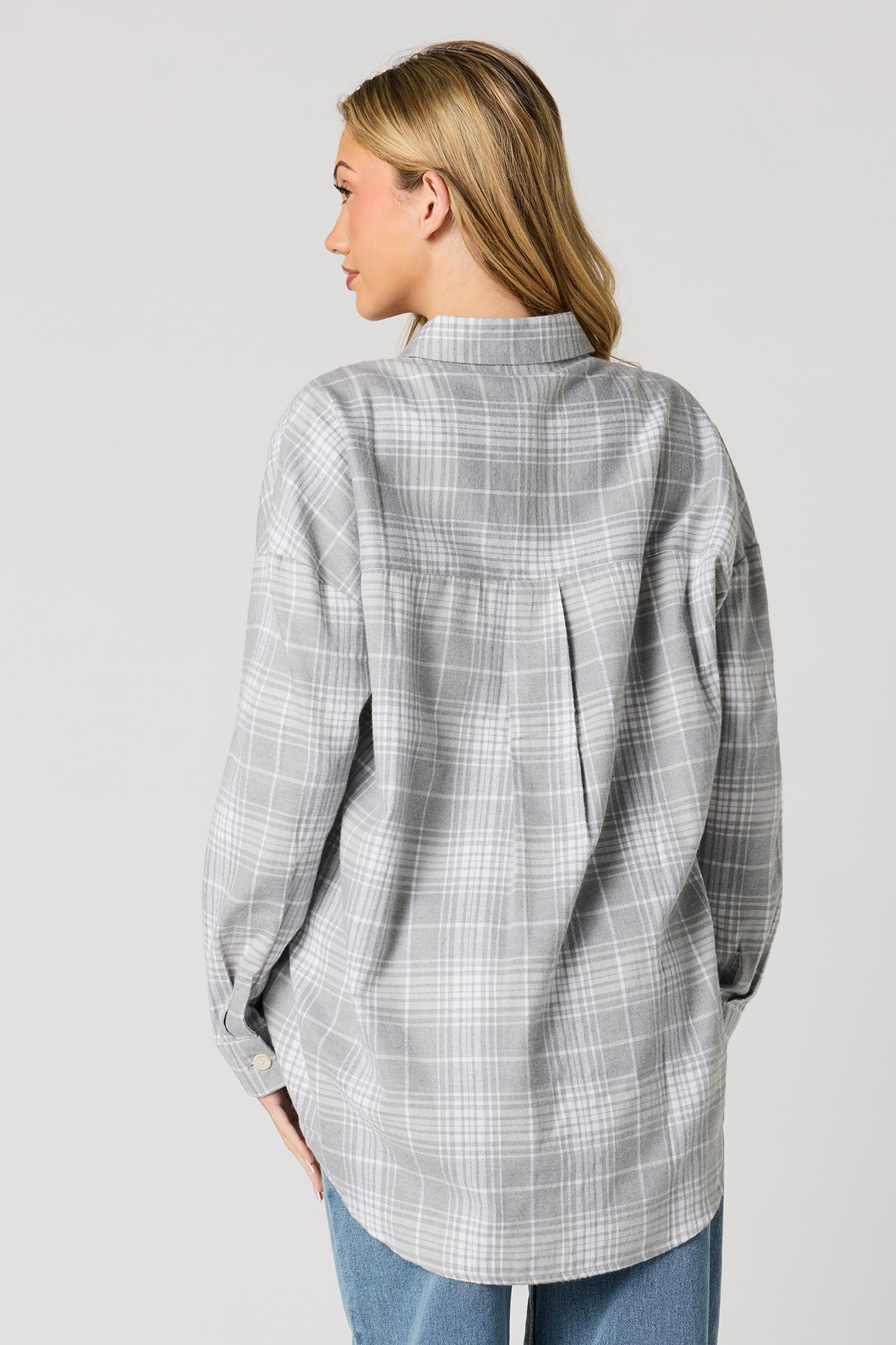 Alt View 2. Plaid Flannel Button-Up Top - Heather Grey