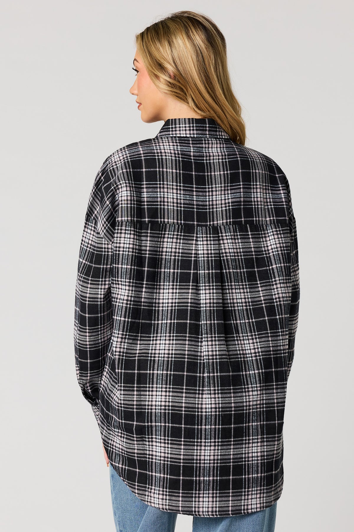 Alt View 2. Plaid Flannel Button-Up Top - Charcoal