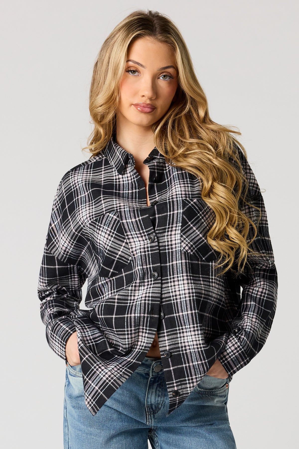 Plaid Flannel Button-Up Top - Charcoal